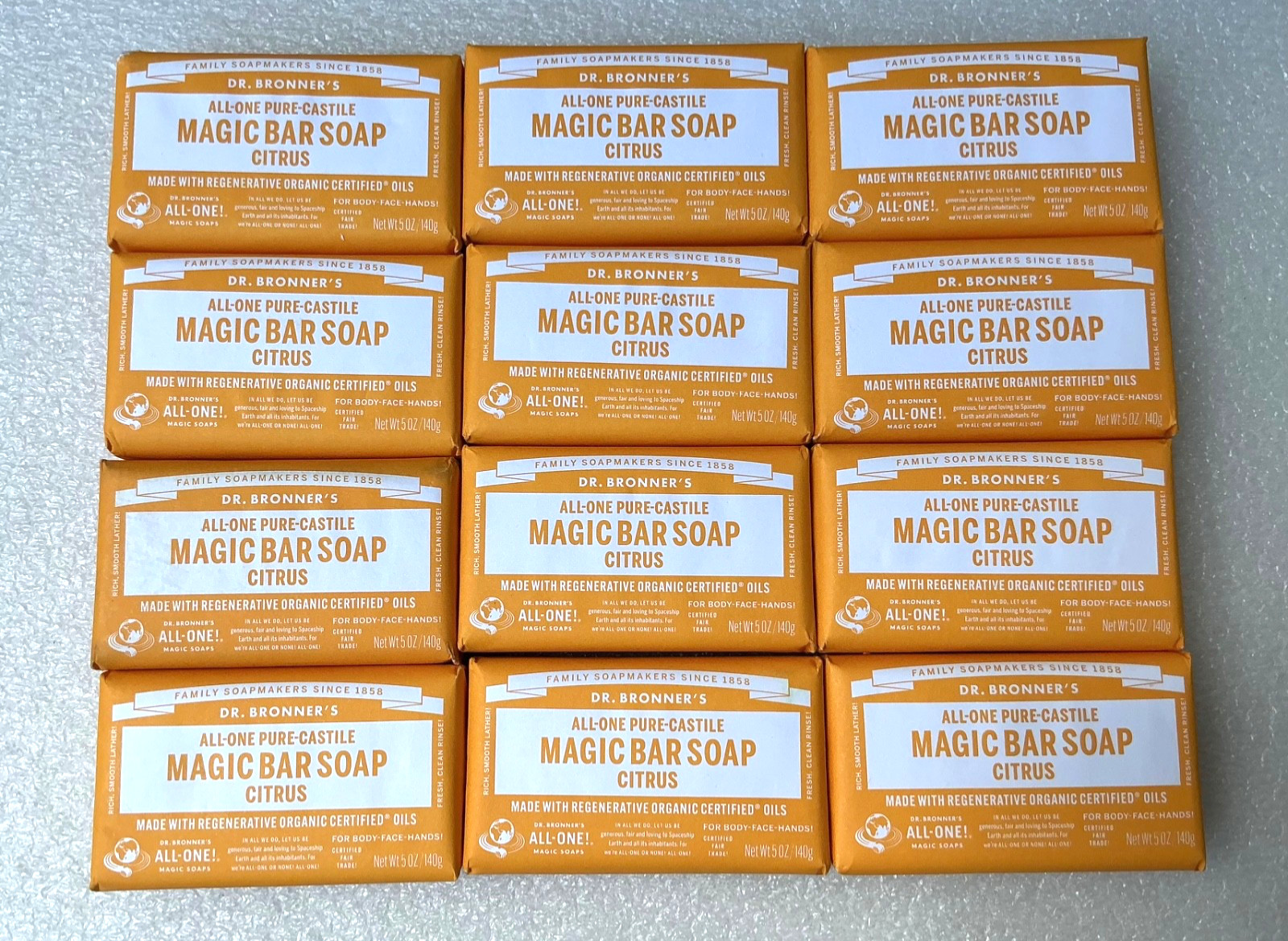 12 Pack Dr Bronner’s All-One Hemp CITRUS Pure Castile Bar Soap Organic