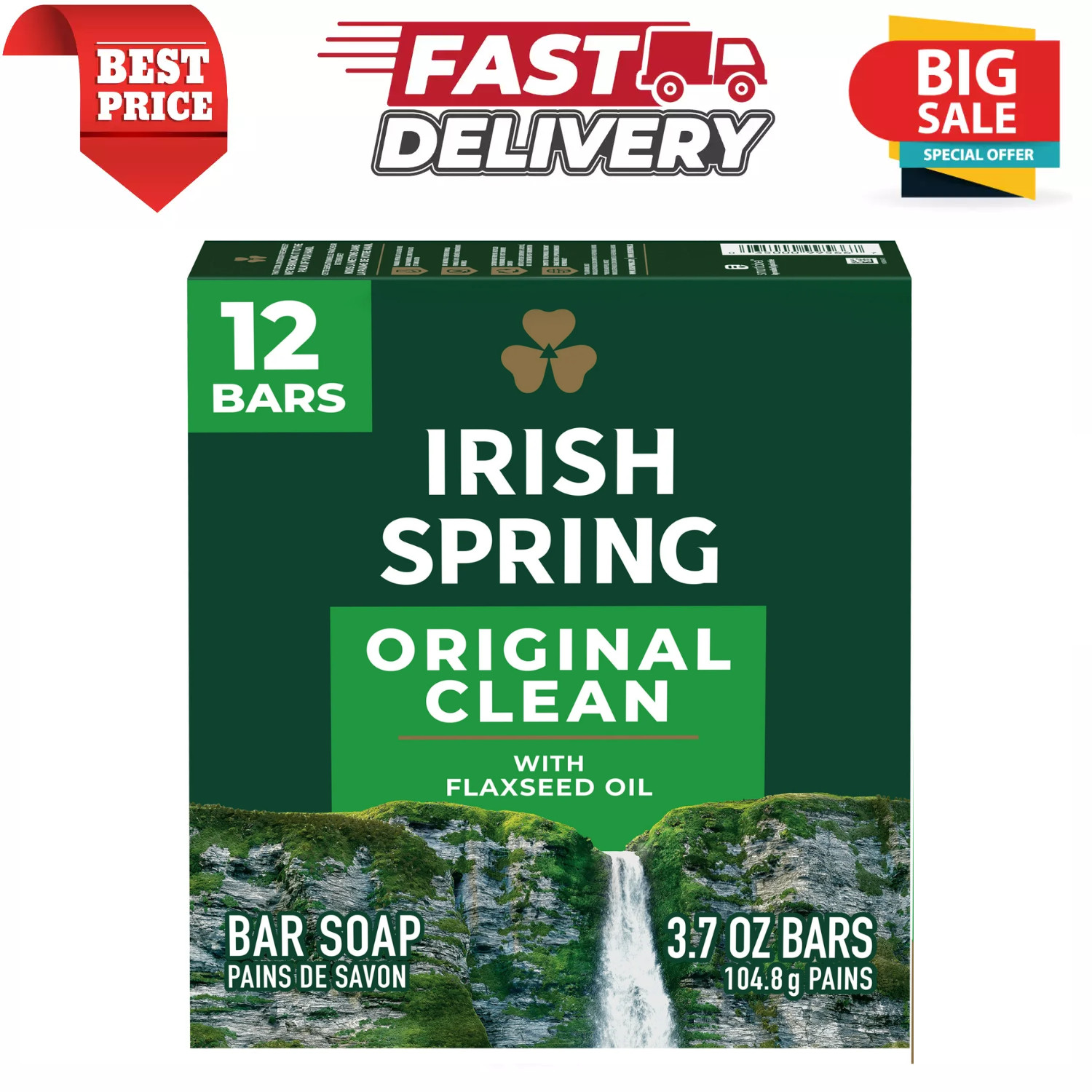 (12 Bars) Irish Spring Bar Soap for Men, Original Clean Mens Bar Soap, 3.7 Oz
