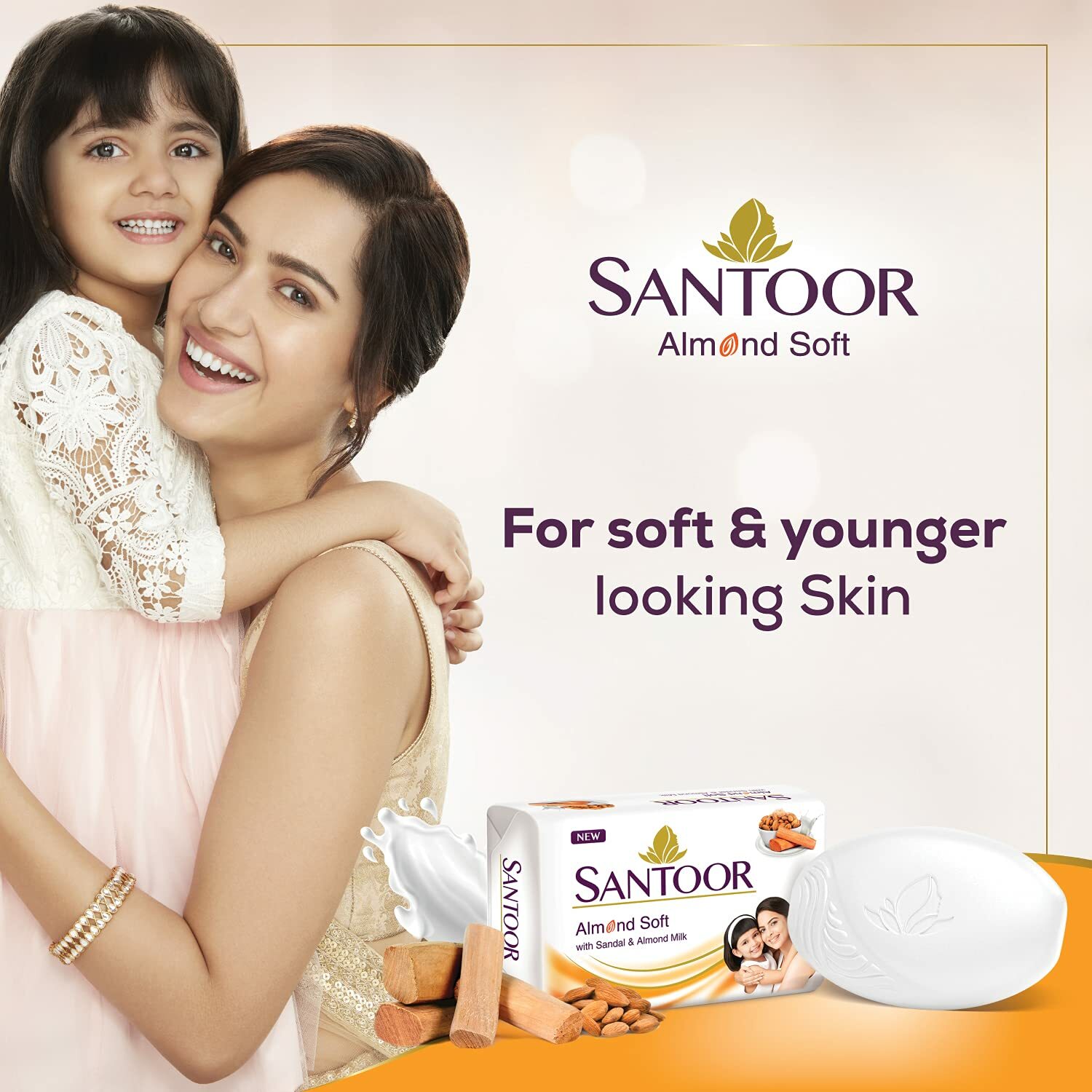6 No. Santoor Sandalwood and Almond milk Organic Soft Bath Soap 150 g -Free Ship