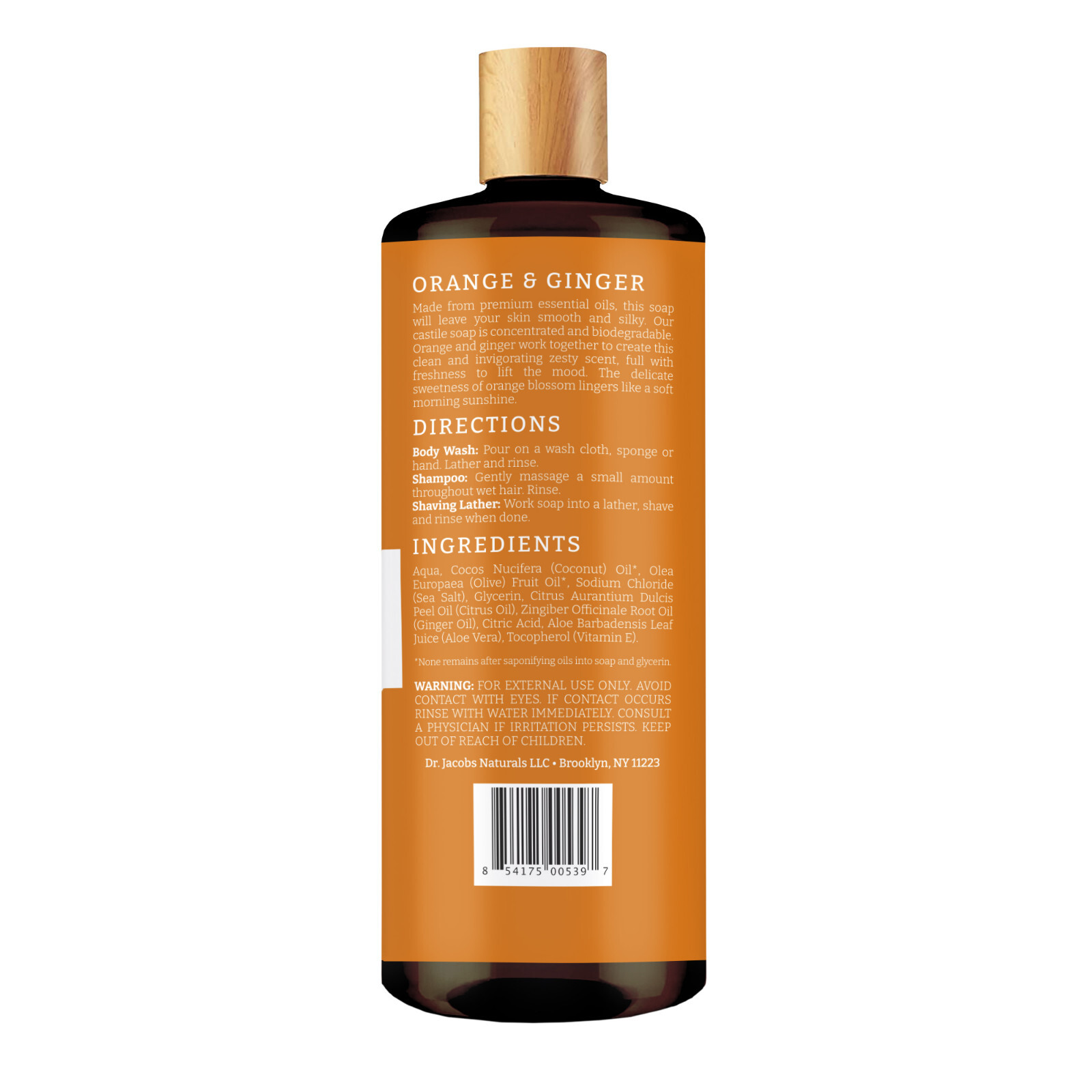 Dr Jacobs Naturals 32oz Orange Ginger Castile Body Wash Soap Plant-Based