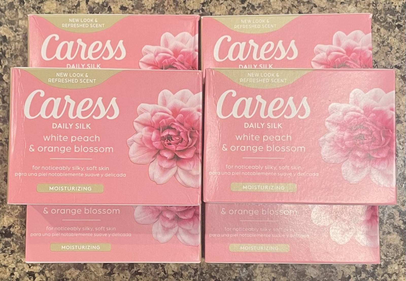 6 Sealed Moisturizing Caress Bar Soap White Peach & Orange Blossom 3.75 oz Each