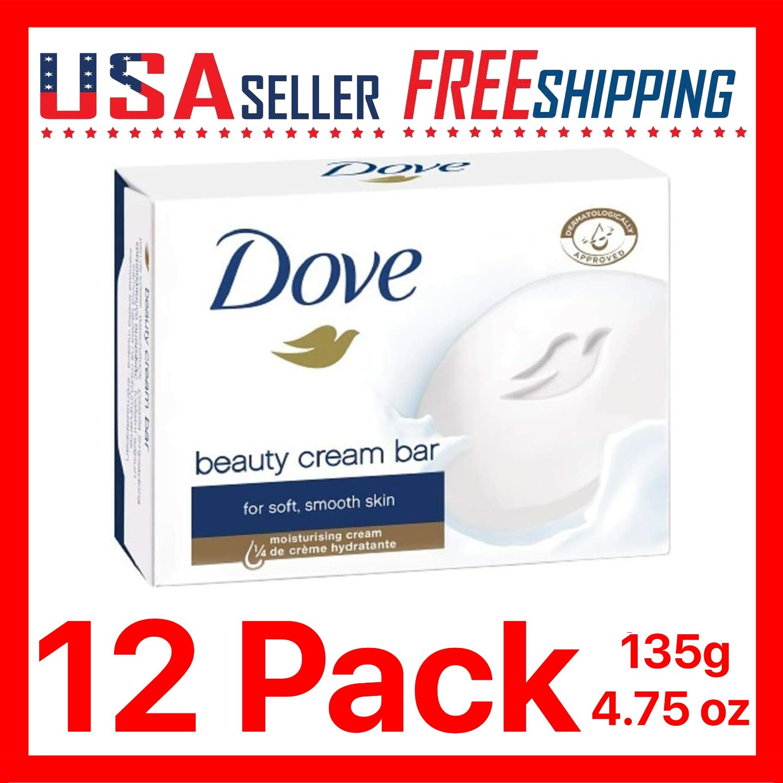 Dove Soap Bar Original White Moisturizing Cream Beauty 135g, 4.75 oz x 12 Pack