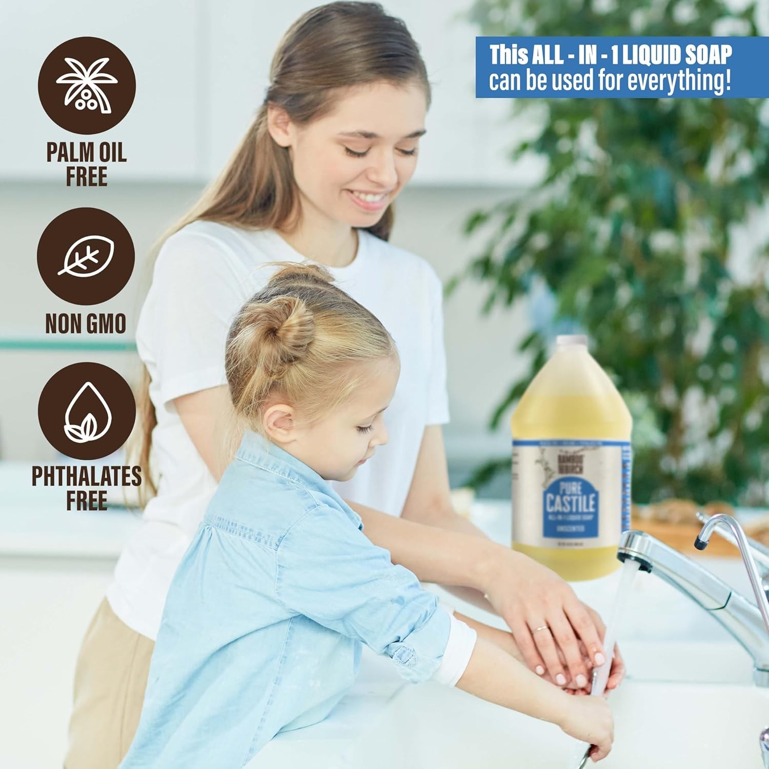 Pure Castile Soap Liquid, Certified Palm Oil Free Natural Soap, Unscented, 64 Oz