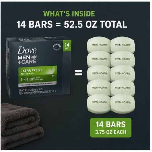Dove Men+Care Extra Fresh Bar Soap 3-in-1 14 Bars 3.75 oz Body Face Shave