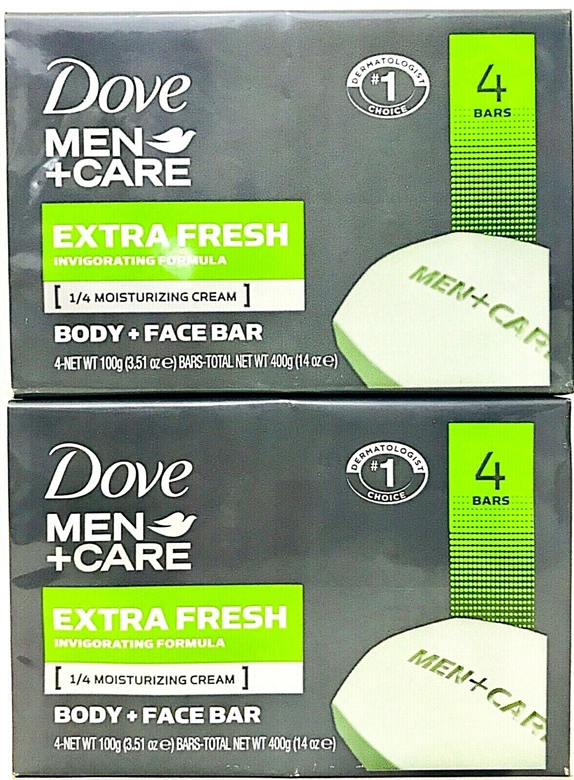 2 Dove 14 Oz Men Care Extra Fresh Body & Face Invigorating Formula 4 Count Bars