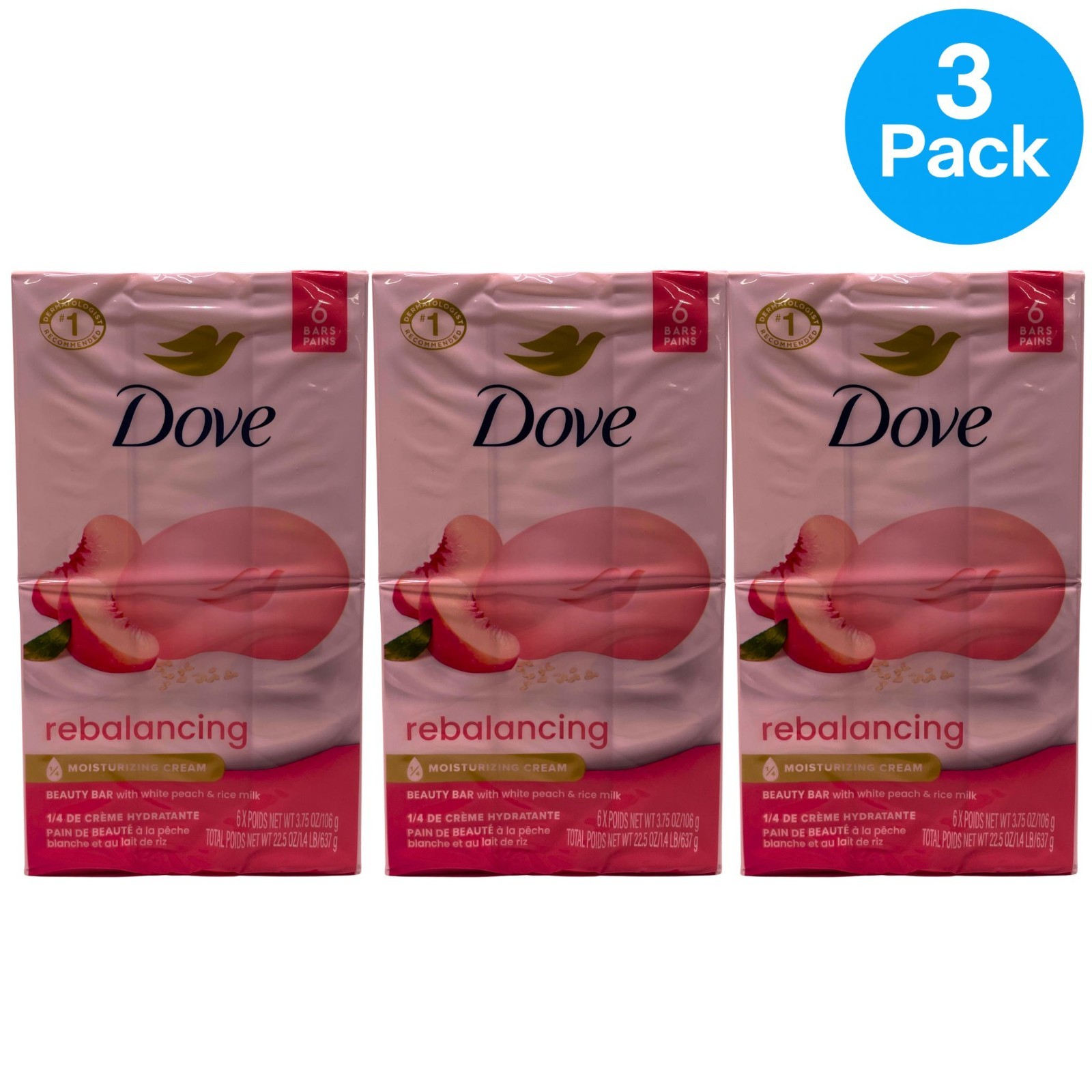 Dove Rebalancing Beauty Bar Peach & Rice Milk 6 Bars Each (3Pack) Moisture Cream