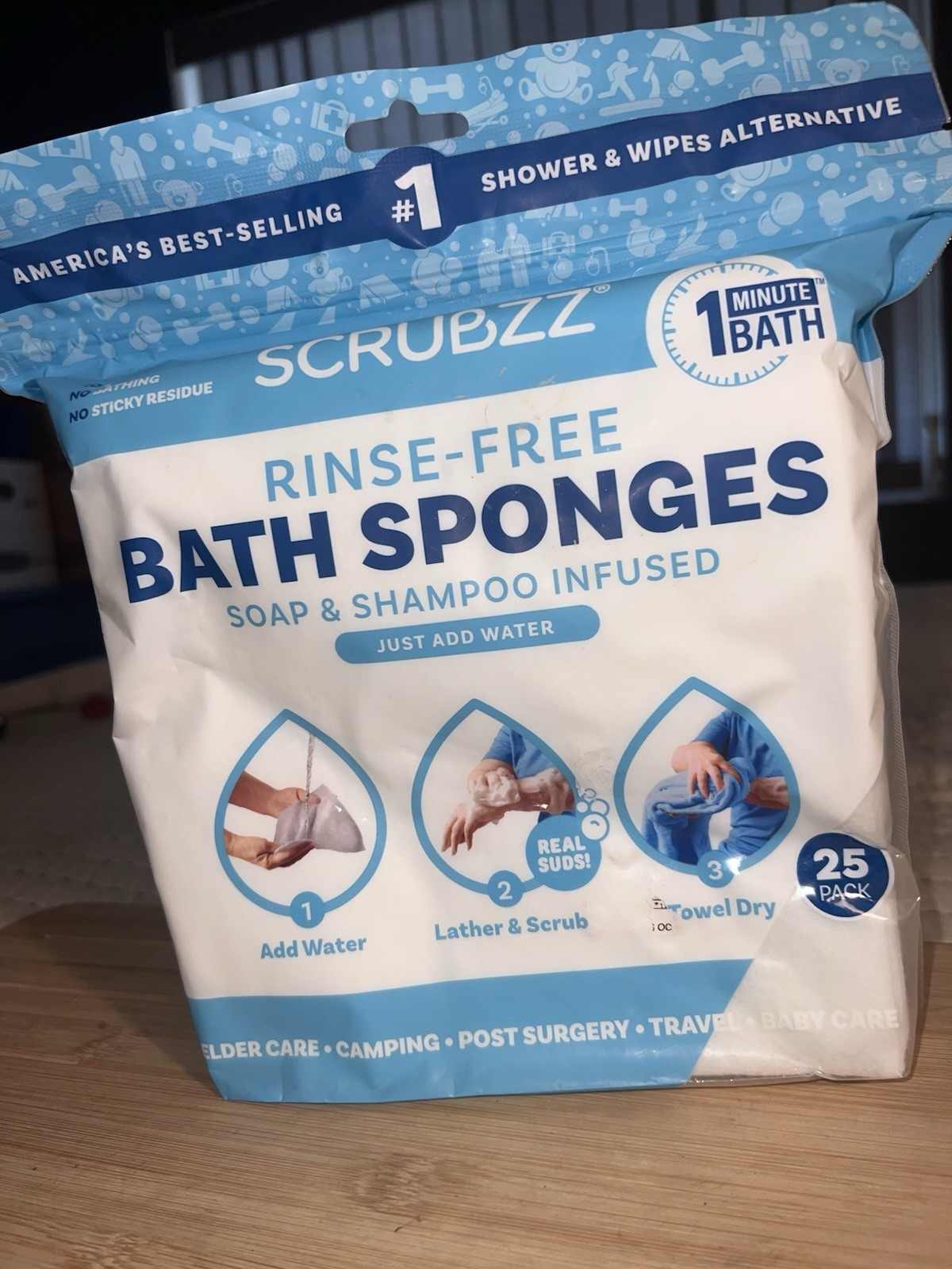 SCRUBZZ DISPOSABLE RINSE FREE TOTAL BODY BATH SPONGES 25 PACK – UNOPENED