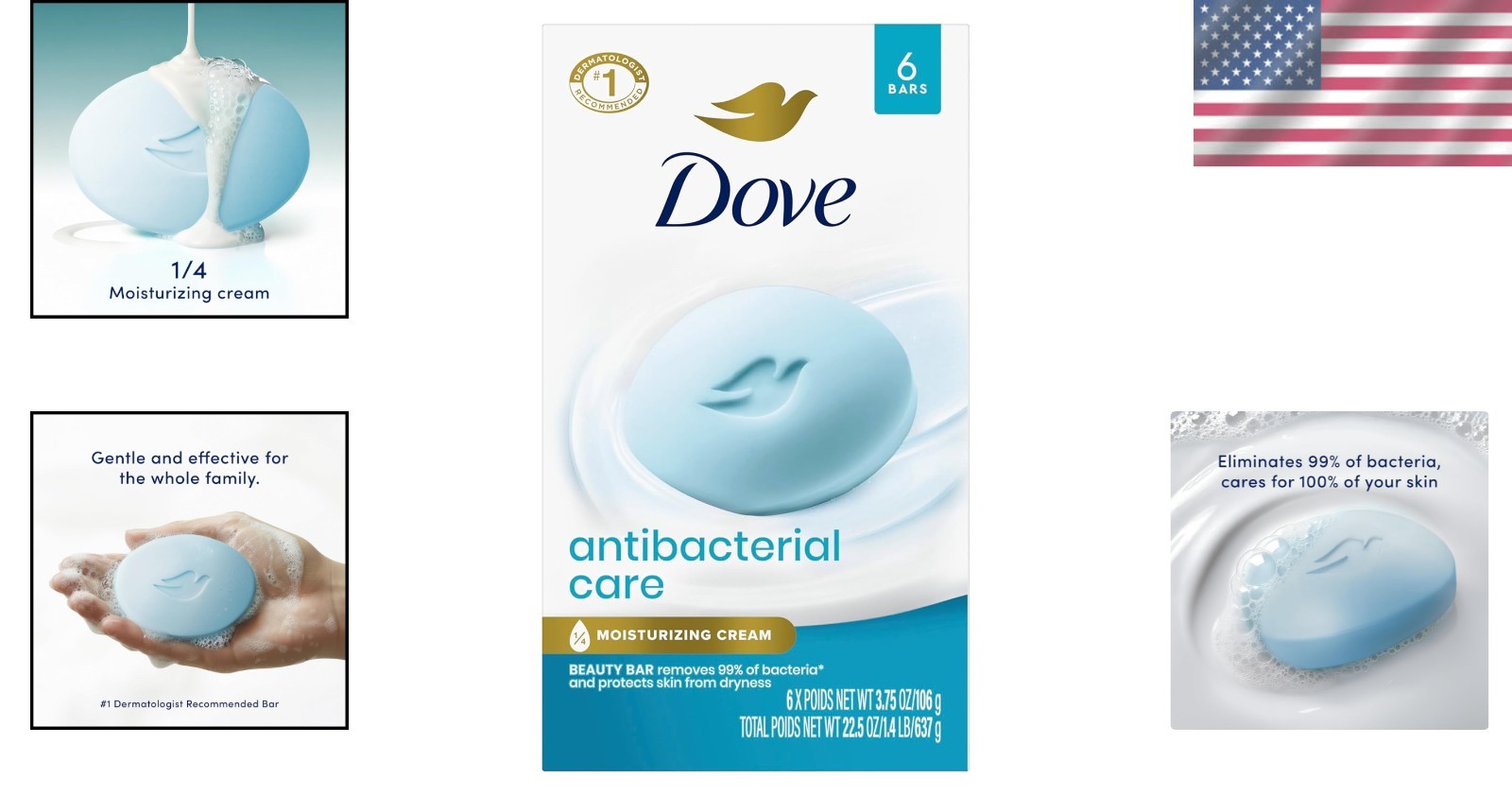 Dove Antibacterial Beauty Bar Soap 3.75 oz – 6 Count for Clean, Moisturized Skin
