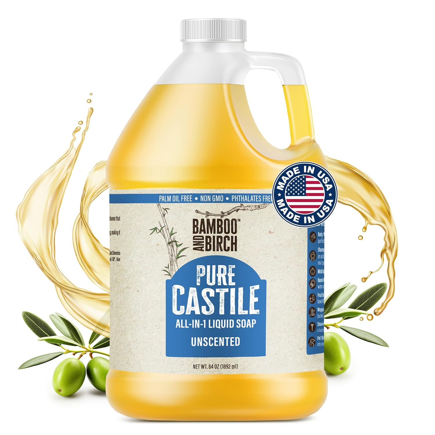 Pure Castile Soap Liquid, Certified Palm Oil Free Natural Soap, Unscented, 64 Oz