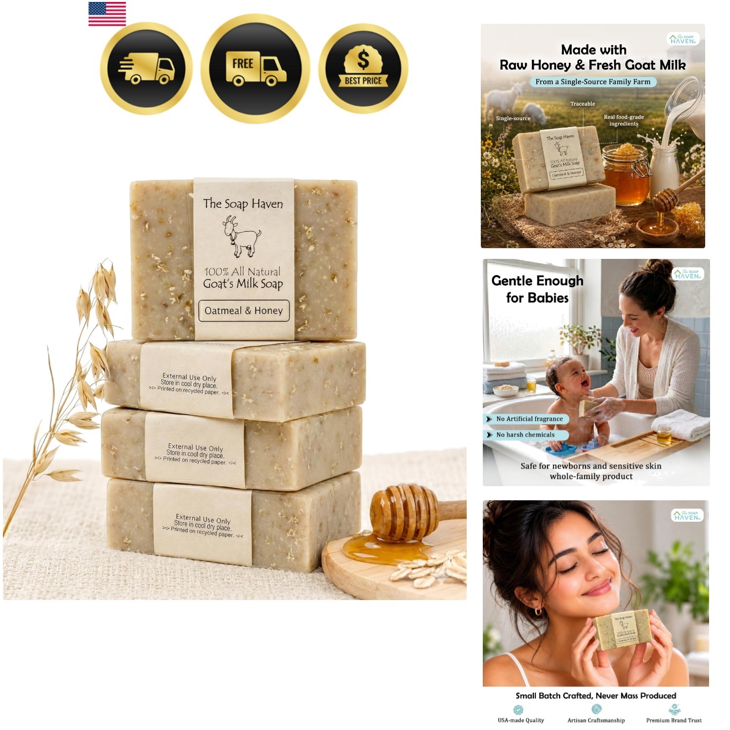 Oatmeal & Honey Goat Milk Soap Hand | All Natural and SLS Free | Unscented So…