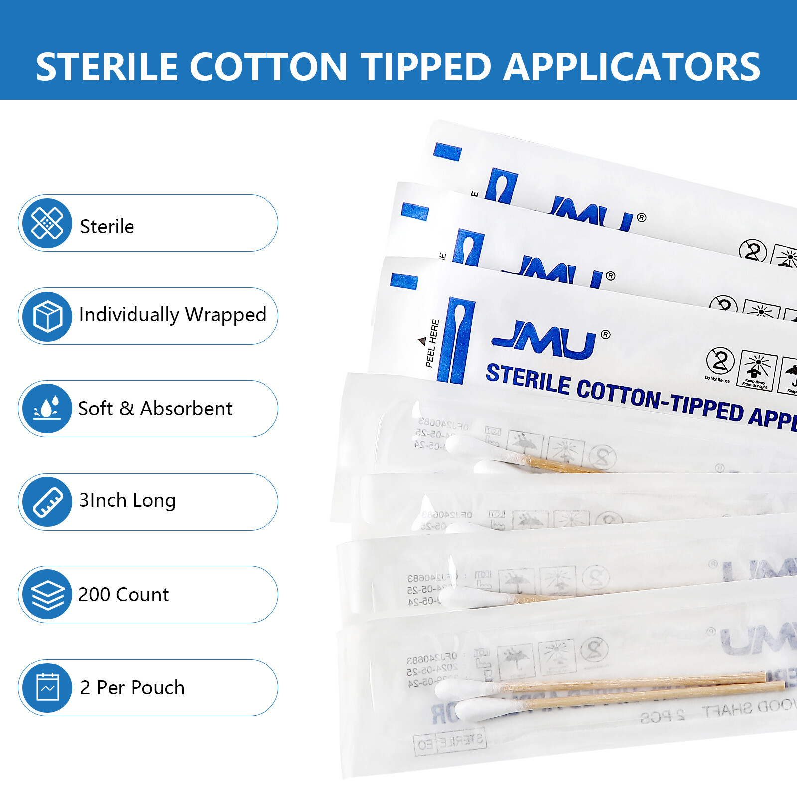 JMU Sterile Cotton Swabs Q-tips 3″ Sterile Wood Shaft Medical Swabs 200pcs/pk