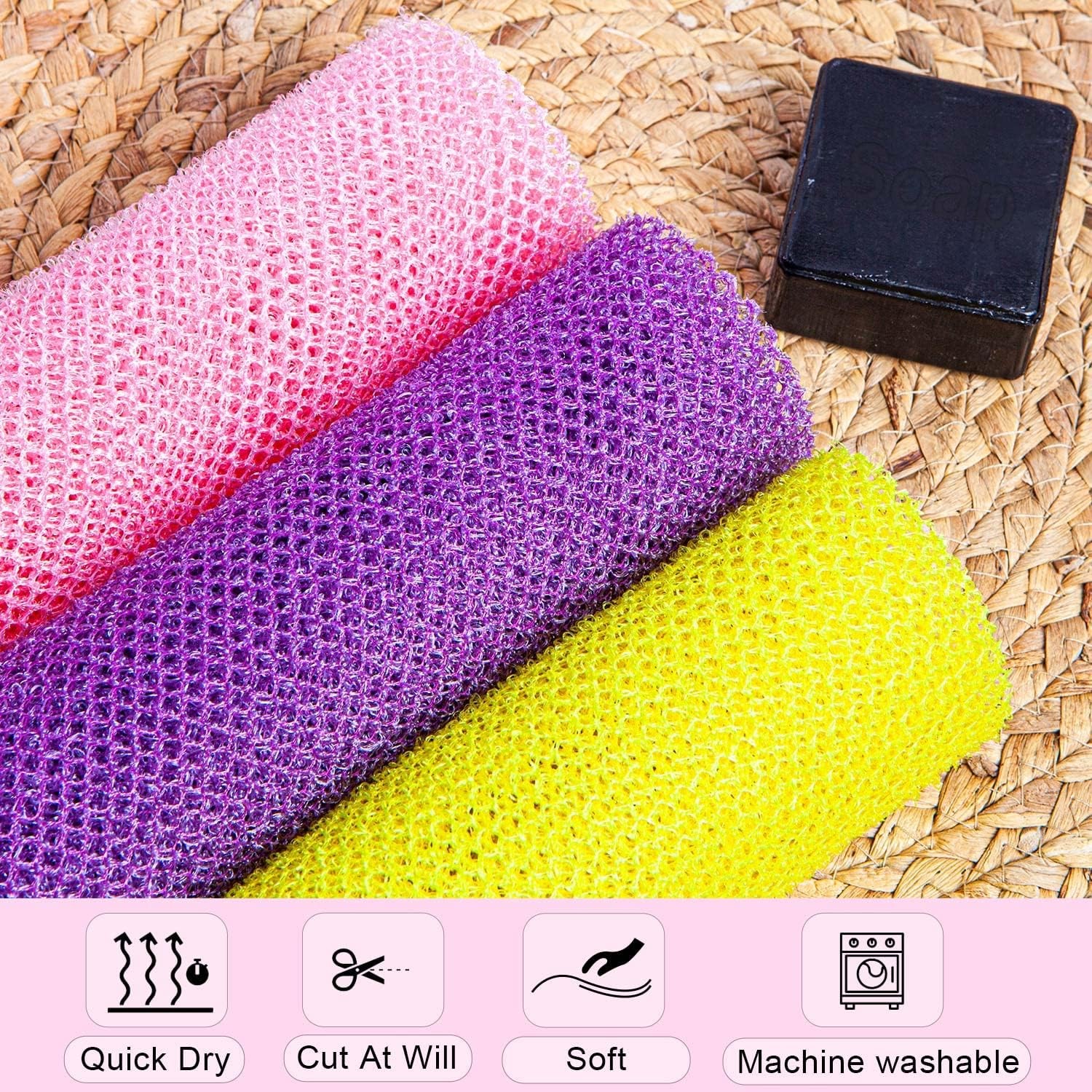 3 Pcs African Exfoliating Net Sponge 3 Count (Pack of 1), Yellow,purple,pink