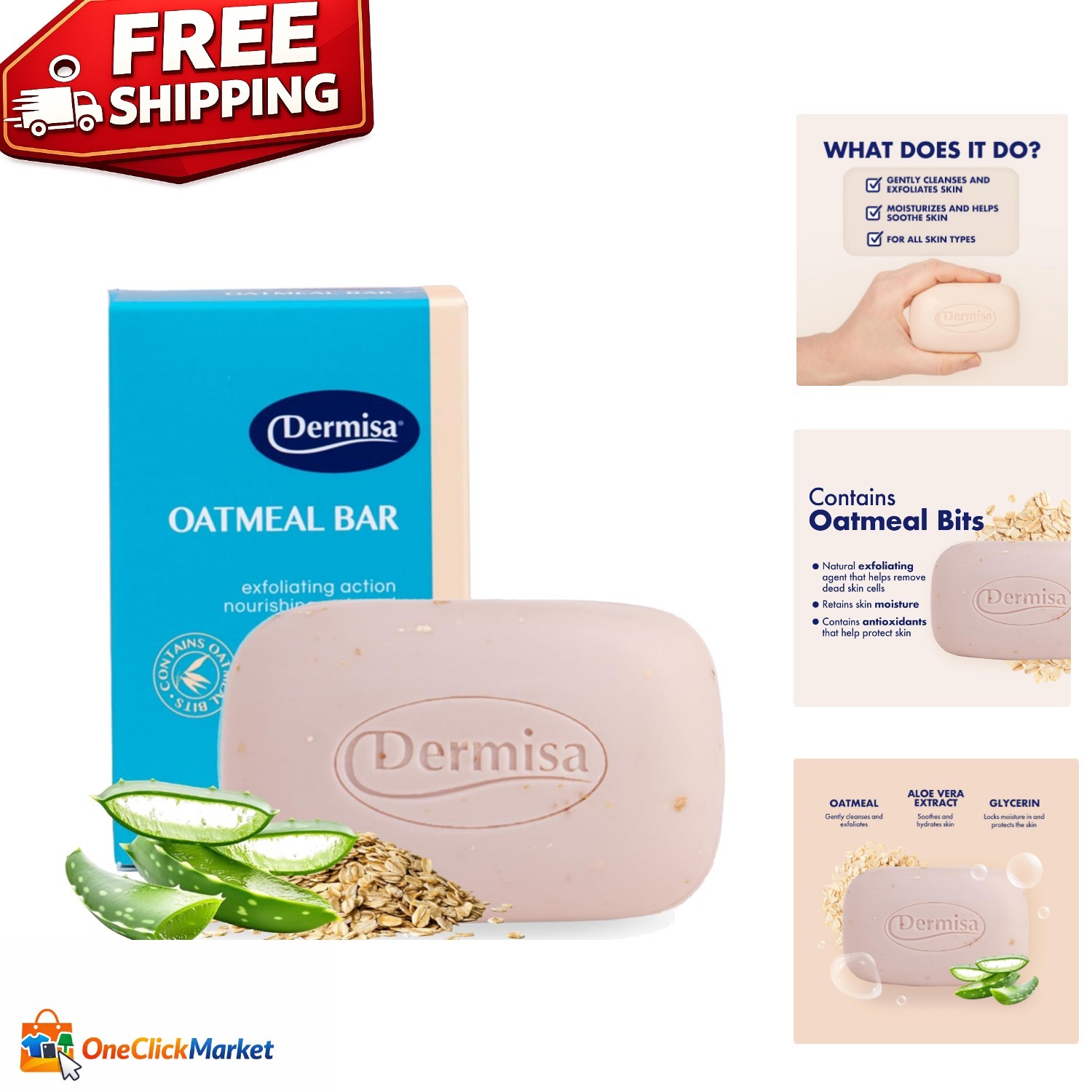 Oatmeal Exfoliating Soap Bar with Aloe Vera – Nourishing 3 oz for All Skin Types