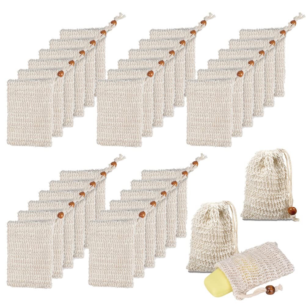 40Pack Soap Saver Bag Exfoliating Sisal Soap Pouch with Drawstring Bar Wooden…