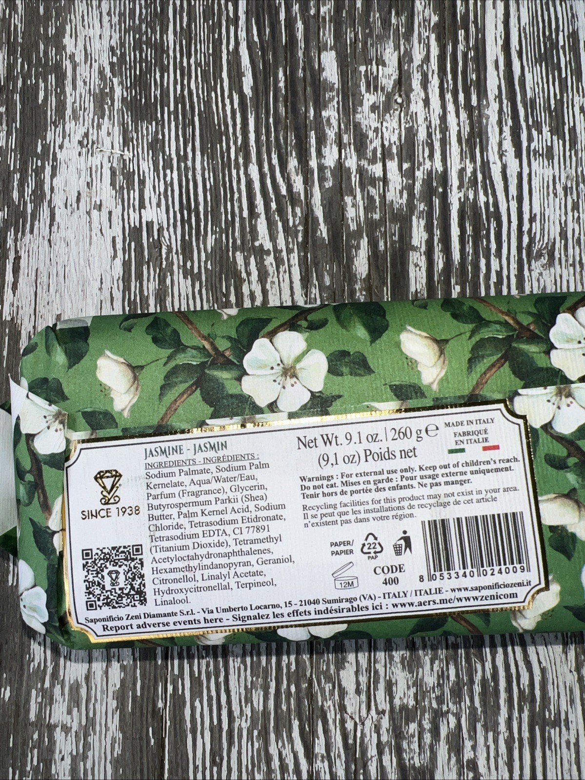 Diamante Italian Luxury Bath Bar Soap Jasmine scented 9.1oz fine triple milled