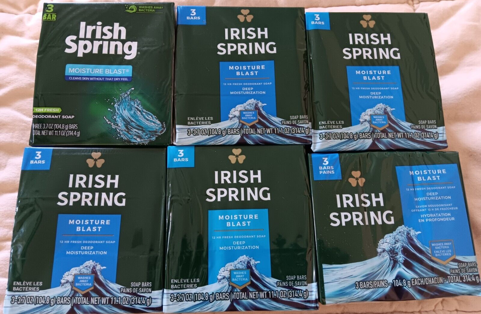 Irish Spring Deodorant Bar Soap Moisture Blast Lot of 6 Pks 3.7 oz 18 Bars Total