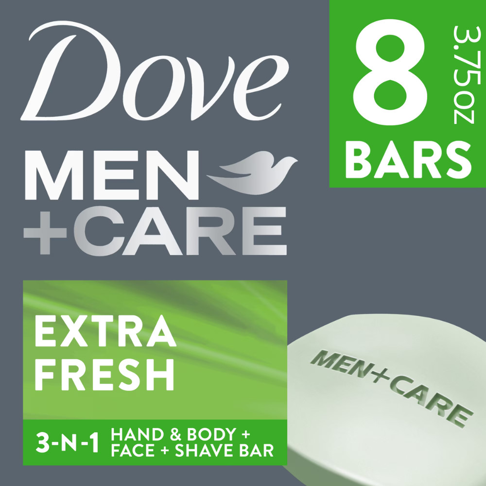 2PK Dove Men+Care Extra Fresh Body, Face, Bar Soap, 4 oz, 8 Bars Each (16 Bars)