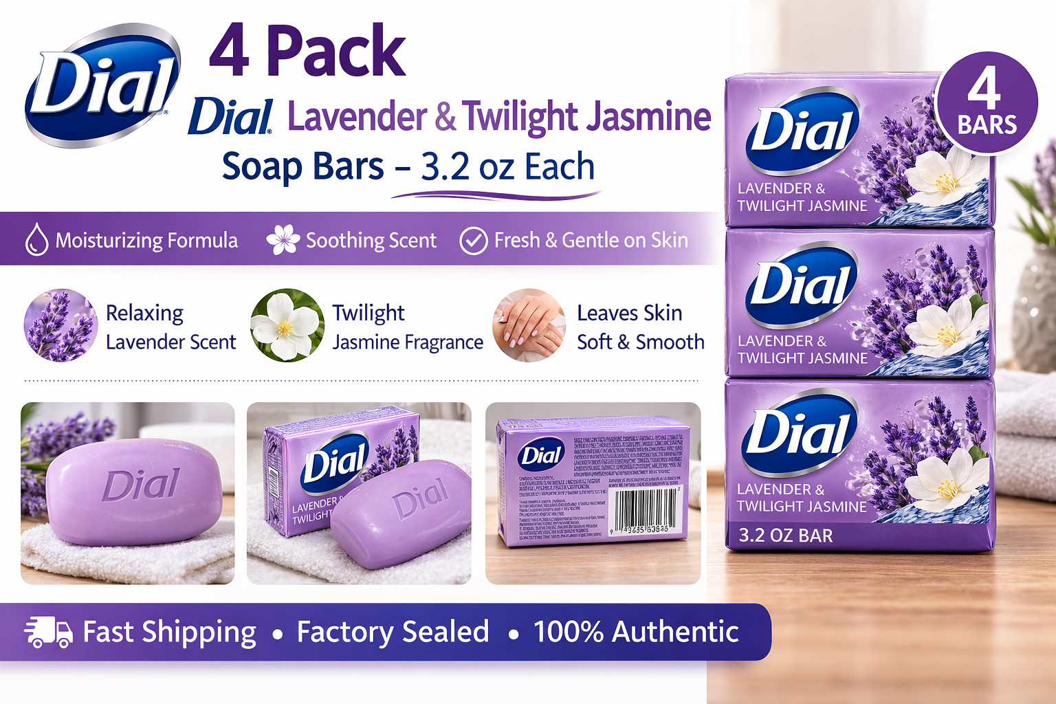 4 Pack Dial Lavender & Twilight Jasmine Soap Bars 3.2 oz Each – NEW 4 PACK