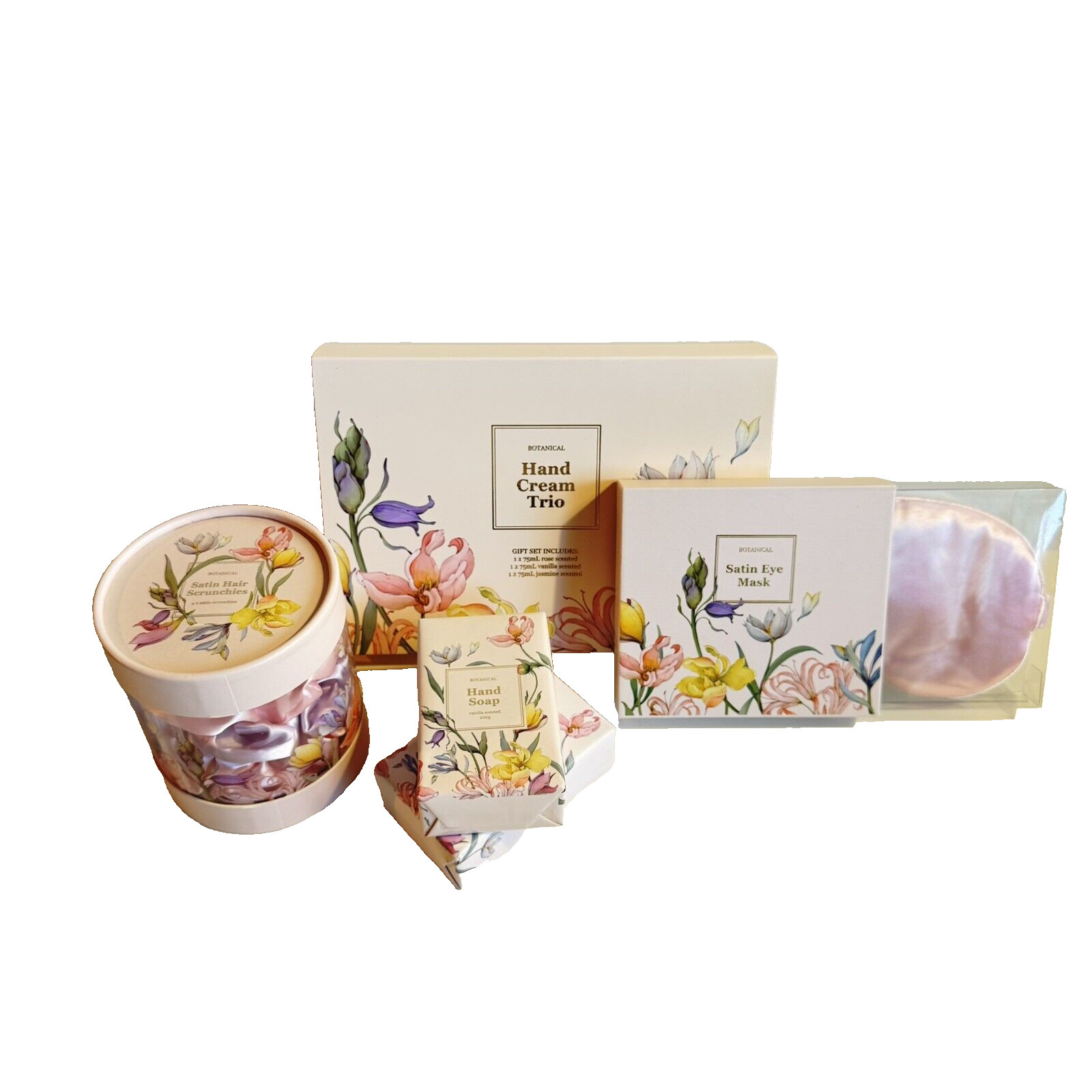 Mothers Day Pamper Gift Vanilla Bar Soap x2 Scrunchies Satin Eye Mask Hand Cream