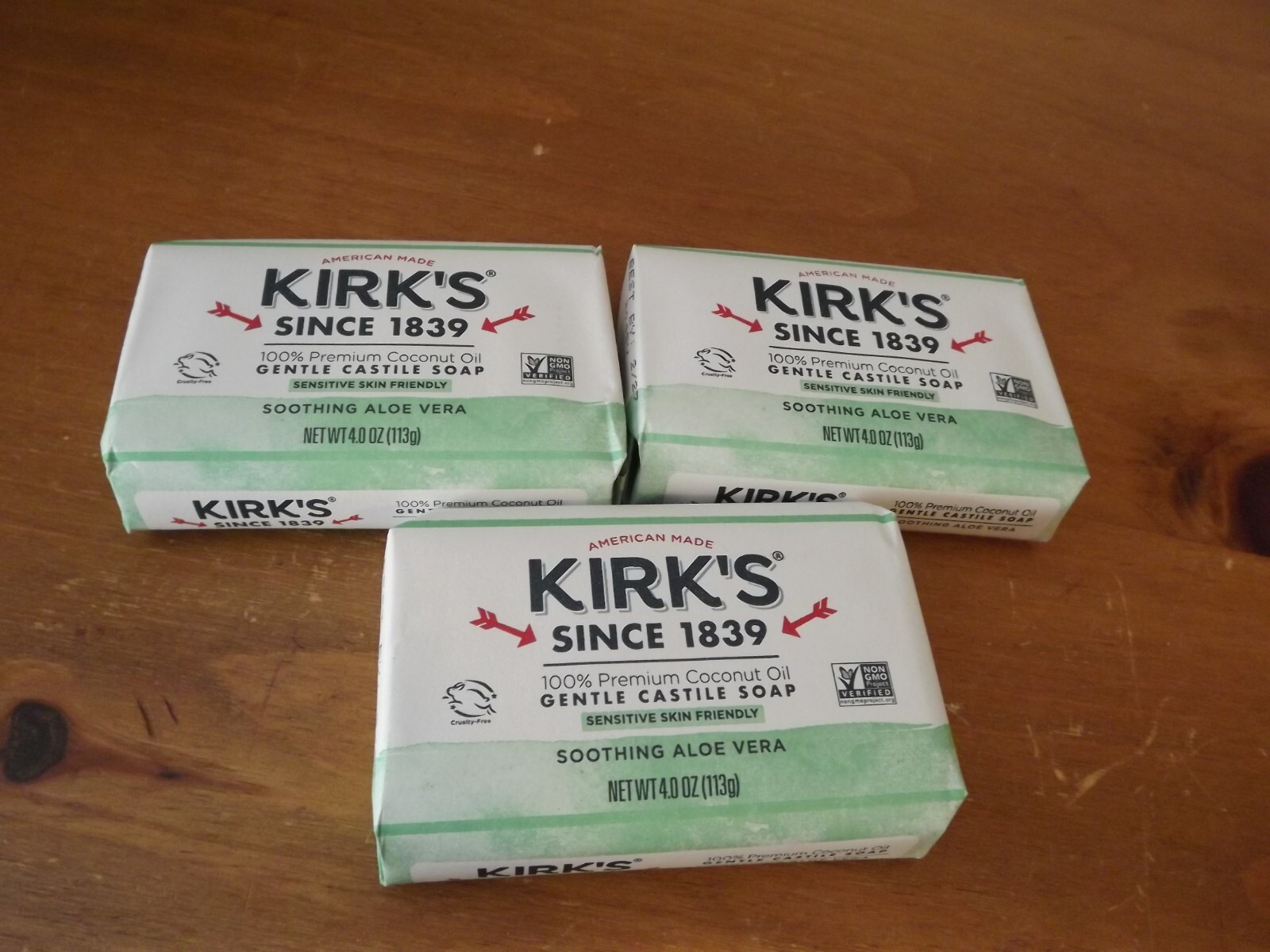 3 BARS KIRK’S Castile Soap 100% PREMIUM COCONUT OIL Aloe Vera 4oz Bars NON GMO