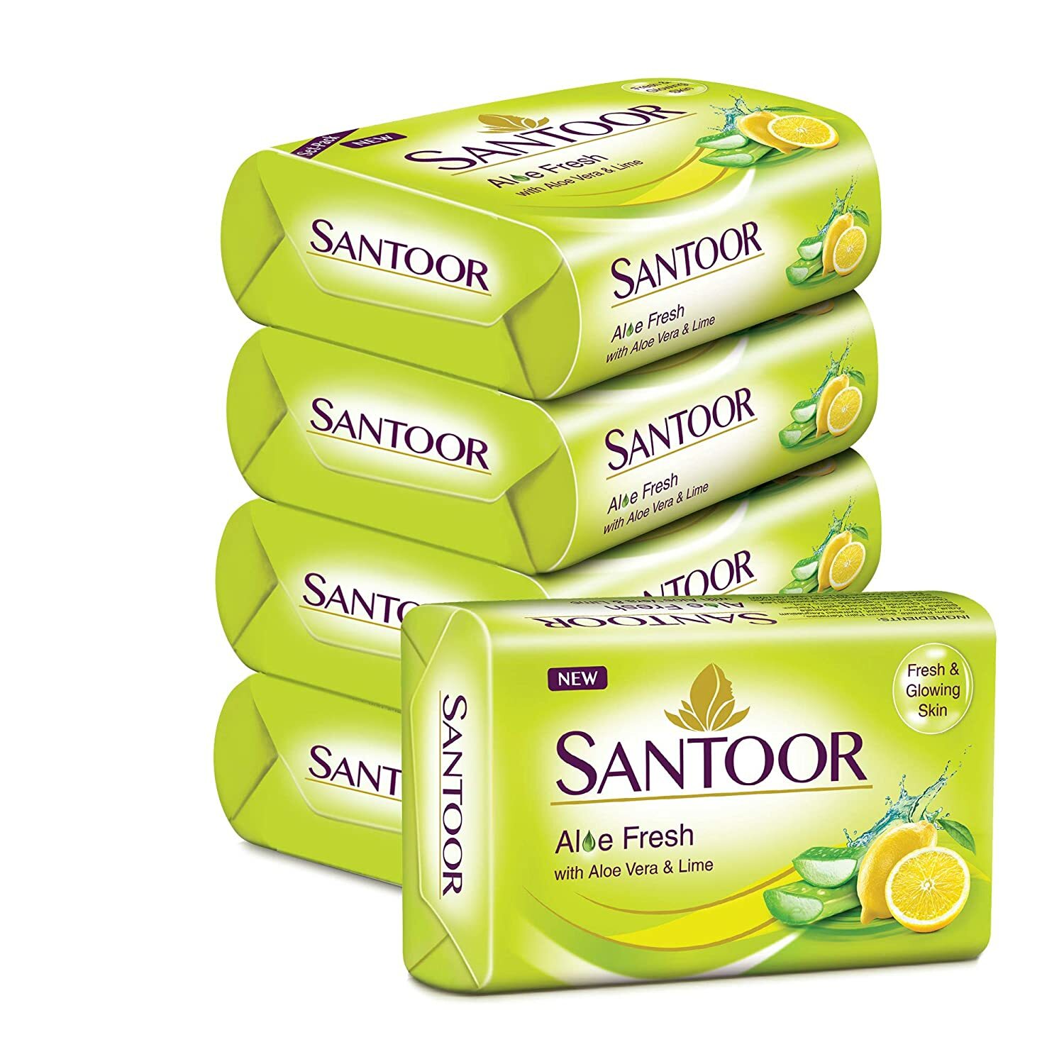 Santoor Aloe Fresh Soap with Aloe Vera and Lime 125gm (Pack of 5).