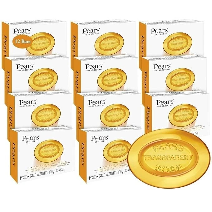 Pears Soap, Pure & Gentle with Natural Oils, 12-Pack – Transparent Amber Glyceri