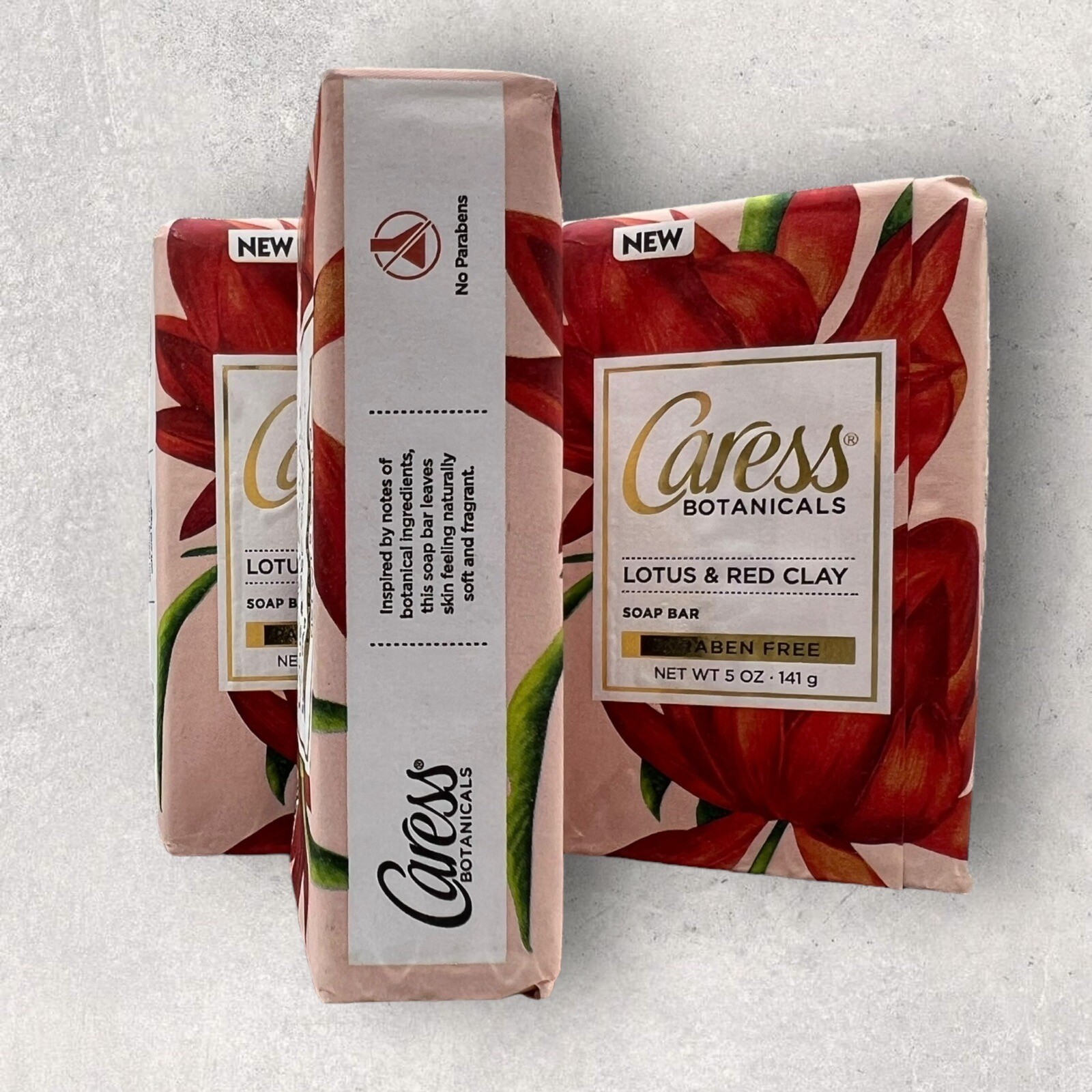 3 x Caress Botanicals Lotus & Red Clay Bar Soap 5 oz New