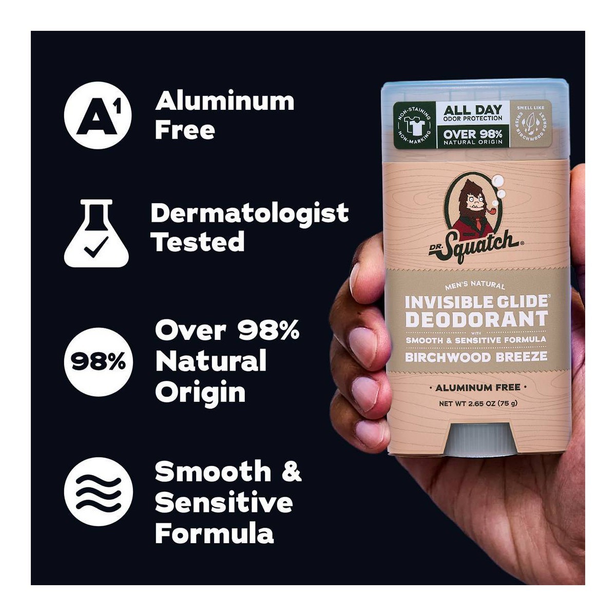 DR. SQUATCH Men’s Invisible Glide Deodorant – Natural Birchwood Breeze – 2.65oz