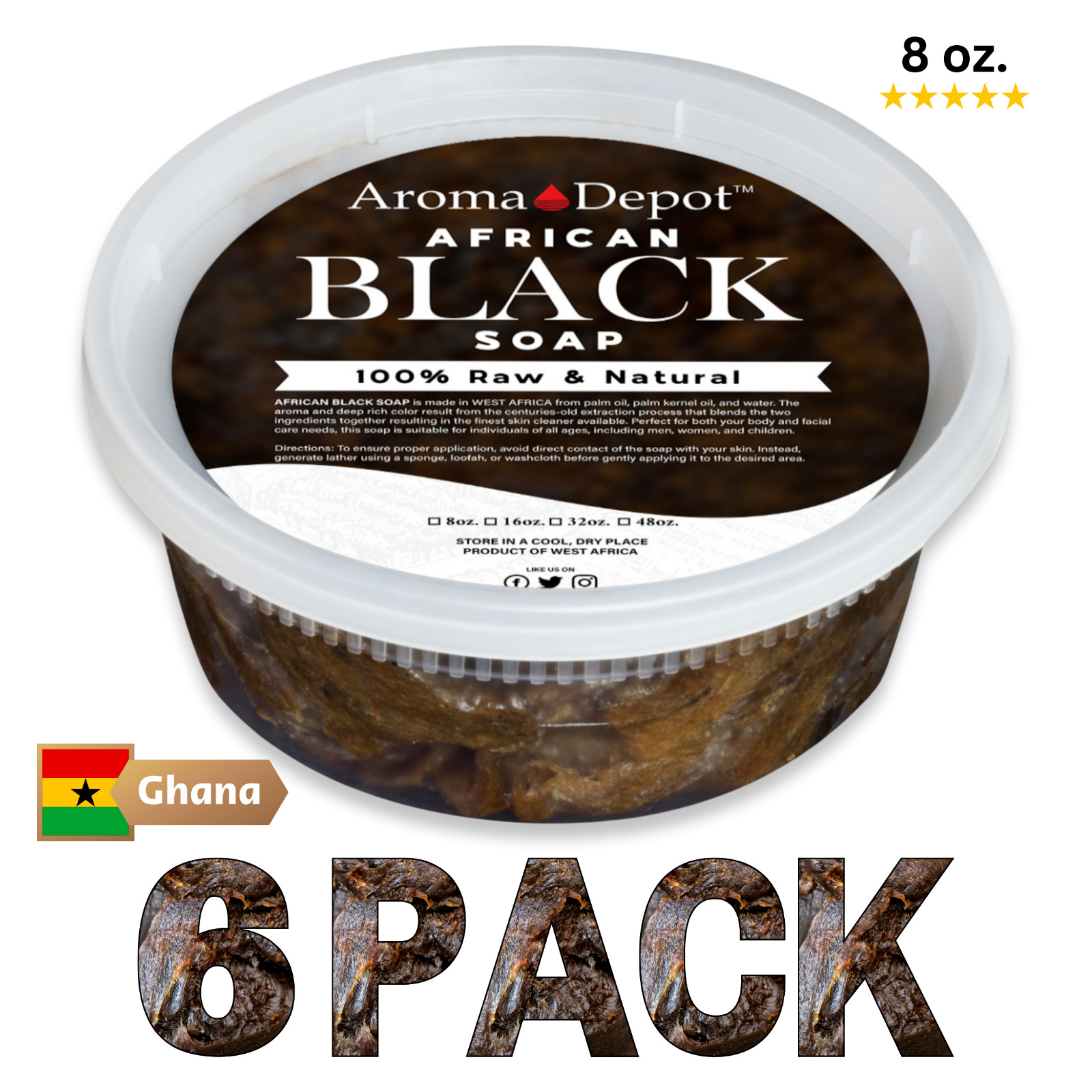 Raw African Black Soap Paste 8 oz. WHOLESALE Natural Wash Face Body Hair 6 PACK