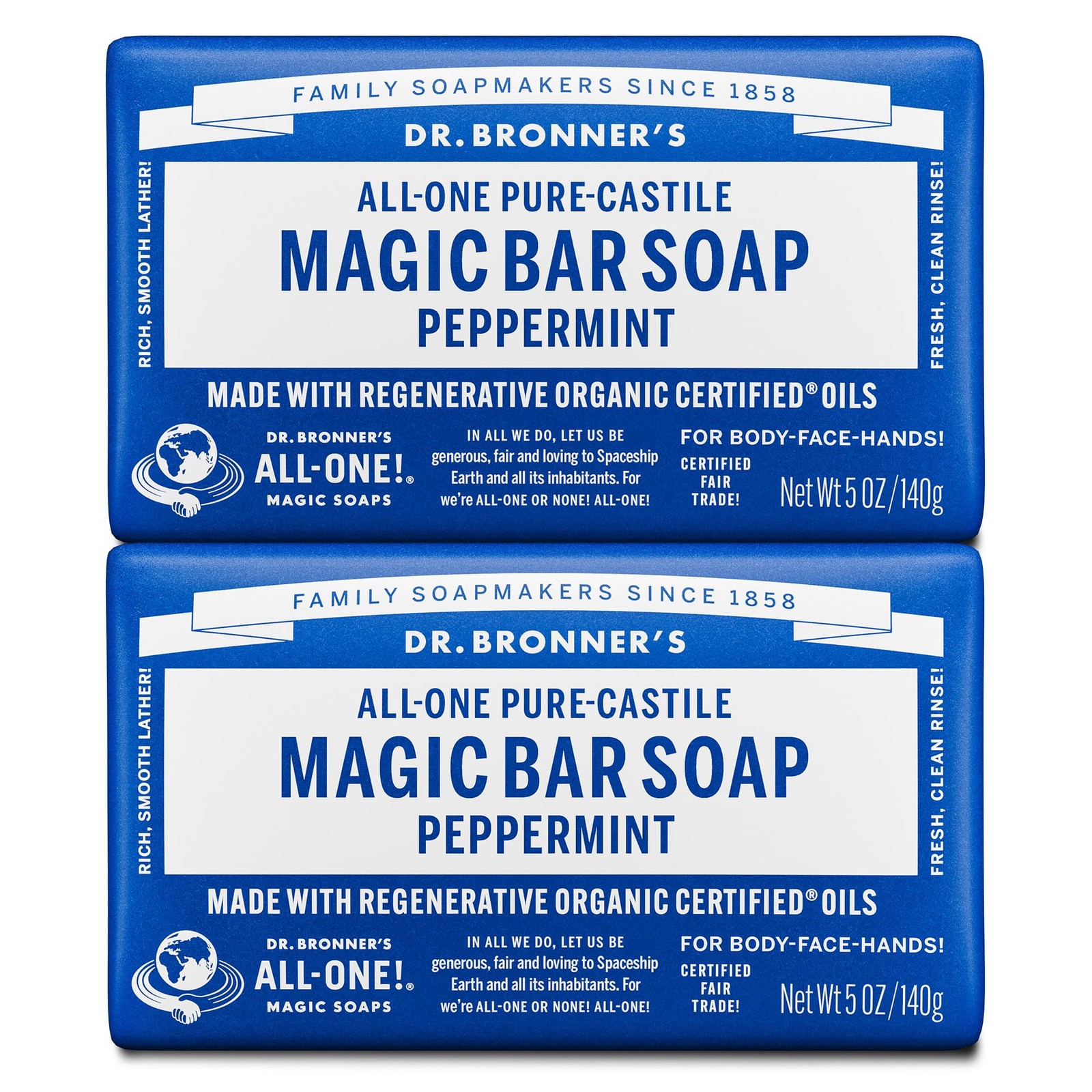 Dr. Bronner’s – Pure-Castile Bar Soap Peppermint 5 ounce 2-Pack – Made with