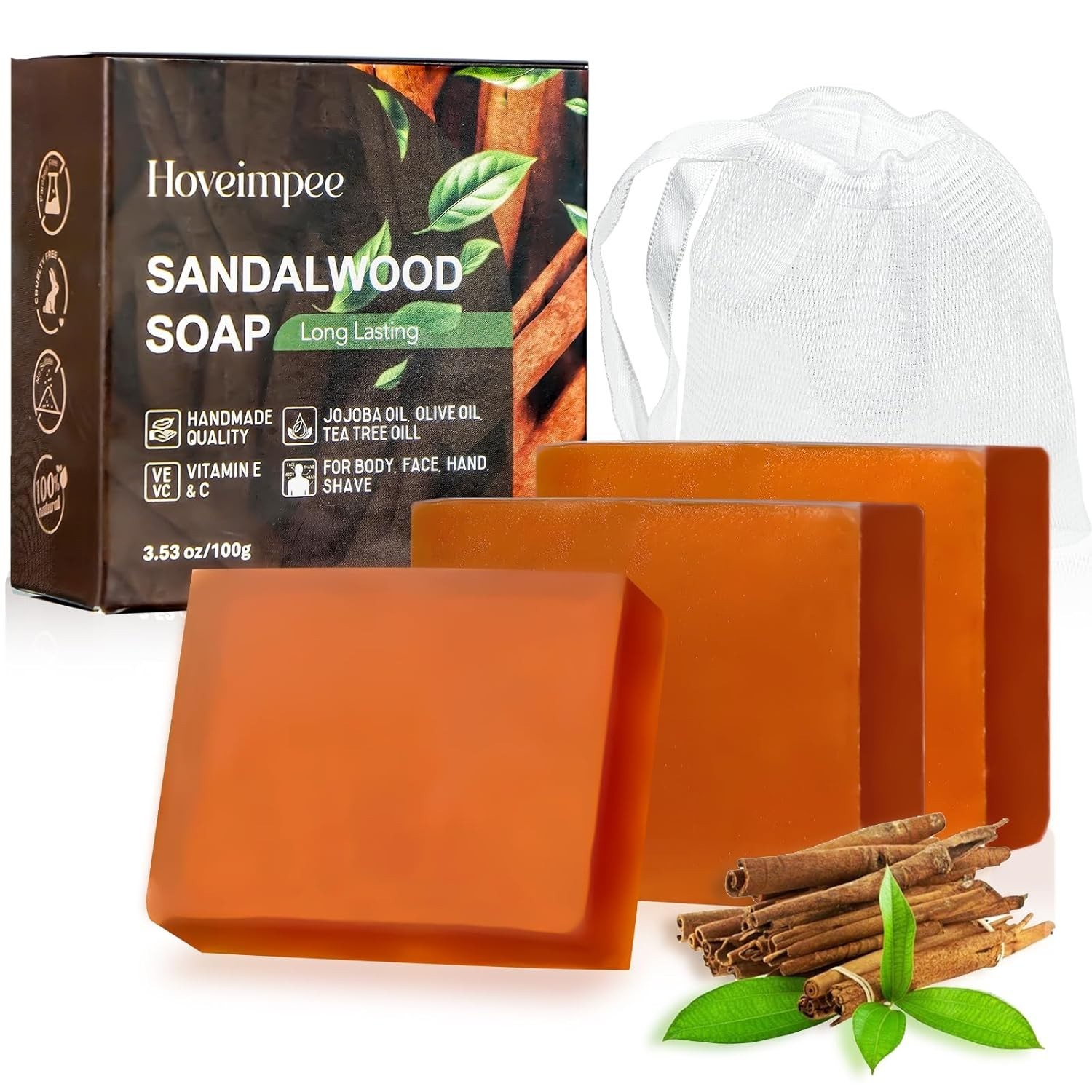 3 Pack Sandalwood Mens Bar Soap, Natural Soap Infused Jojoba 3.53 oz Soap Bar
