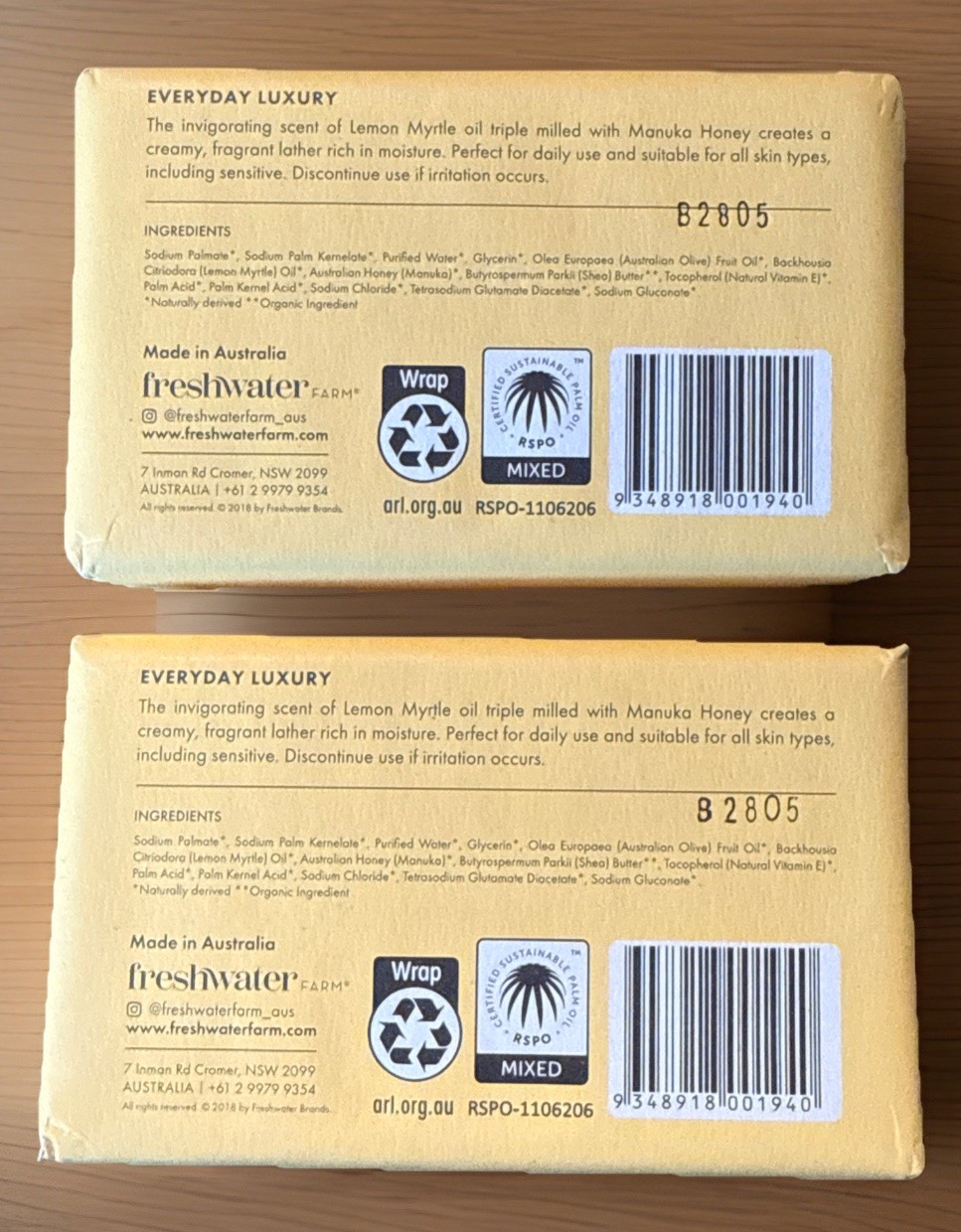 FRESHWATER FARM CASTILE BODY SOAP BARS X2 LEMON MYRTLE OIL + HONEY 7 oz./200g ea