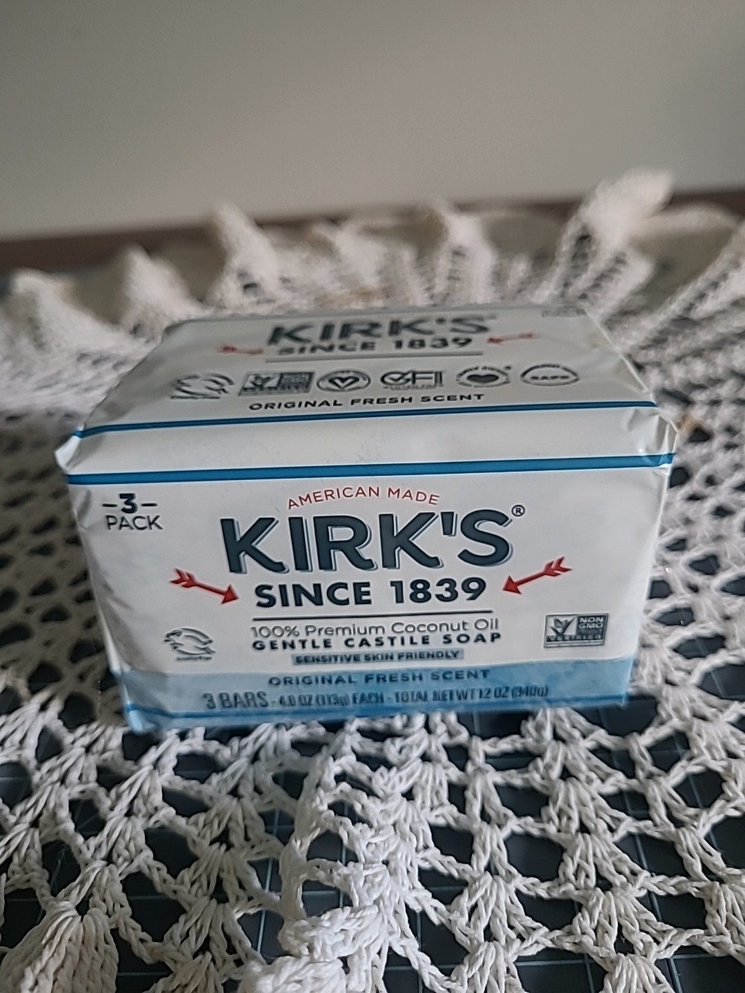 Kirk’s Gentle Castile Soap Original Fresh Scent Premium Coconut Oil 3 Bars 4 oz