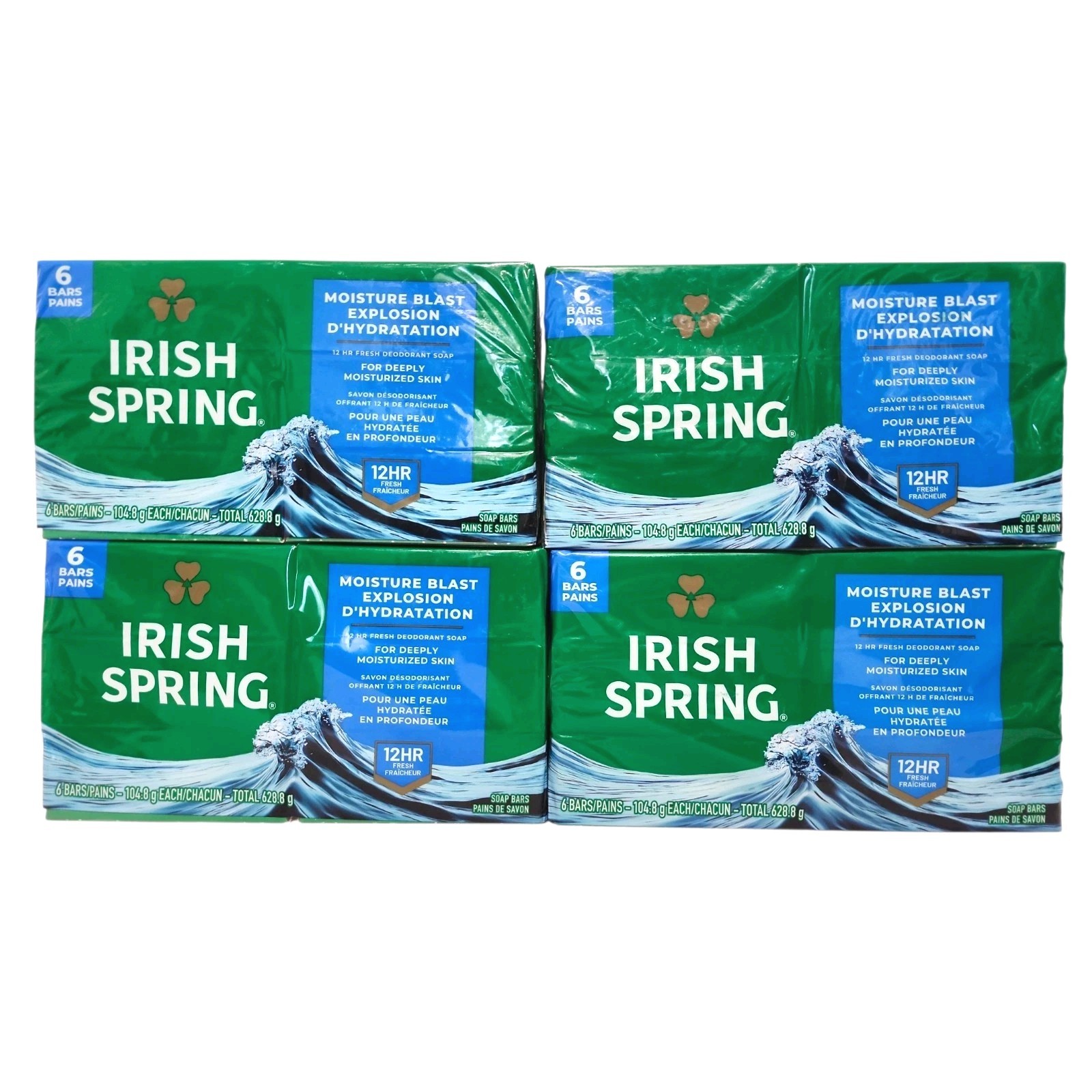 Irish Spring Moisture Blast Deodorant Bar Soap, 4 Packs each 6 – 24 Bars Total
