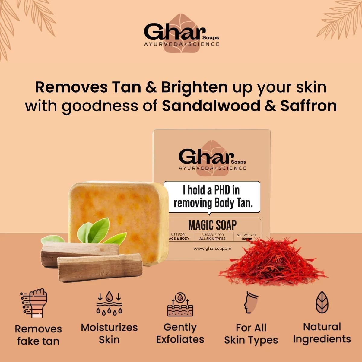 Magic Ghar Soap Sandalwood & Saffron De-Tan Bar Brightening 100gm (Pack of 2)