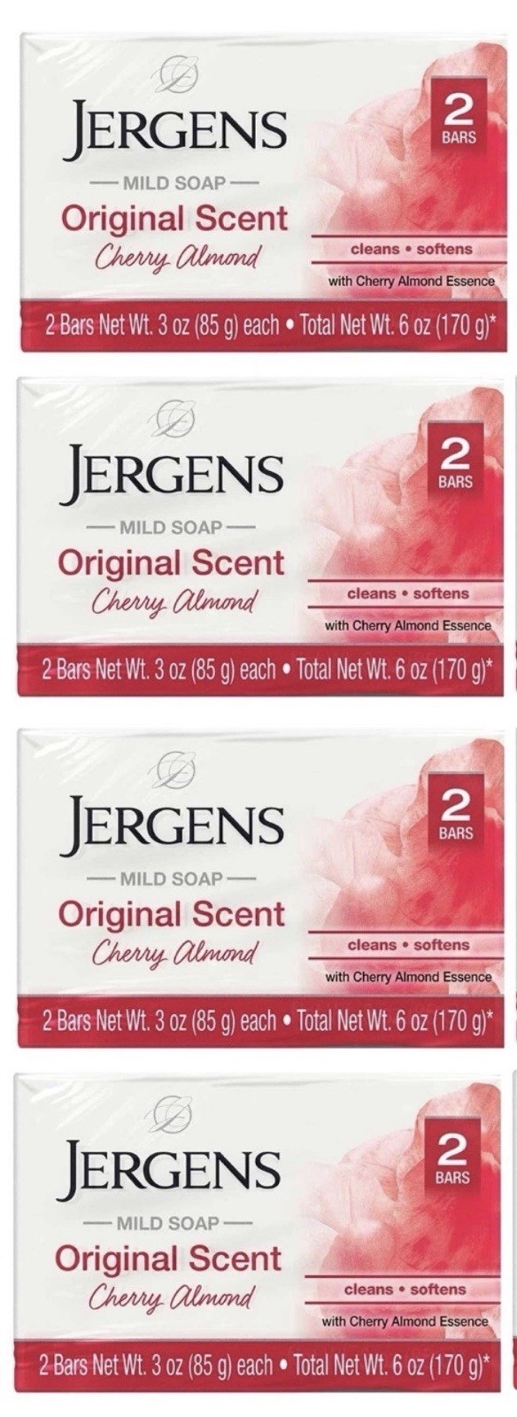 4 Pack – Jergens Cherry Almond Mild Soap Original Scent 2 Bars Per pack (8 Bars)