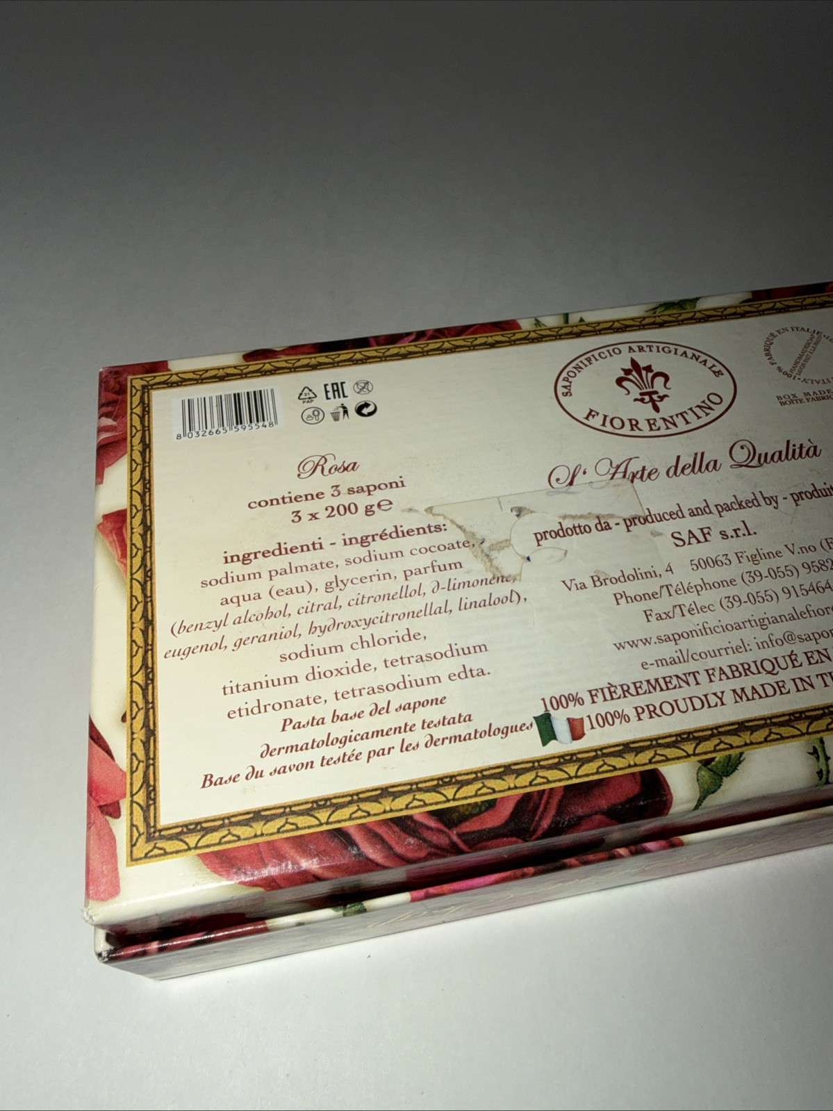 SAPONIFICIO ARTIGIANALE FIORENTINO *ROSE BLOSSOM *3 x 7.05 ozHandmade TuscanSoap