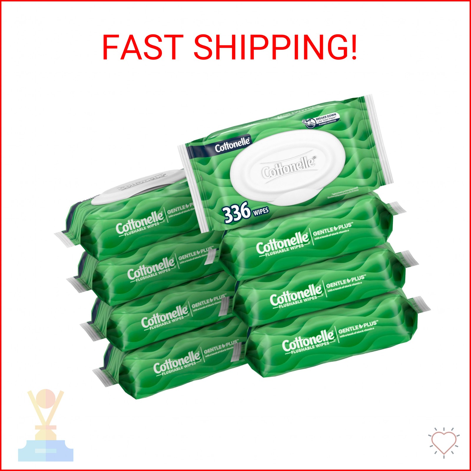 Cottonelle GentlePlus Flushable Wet Wipes with Aloe & Vitamin E, 8 Flip-Top Pack