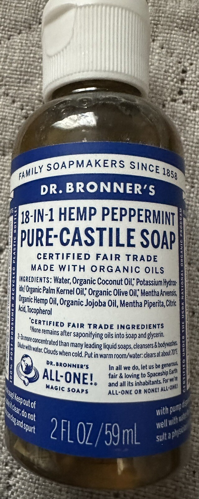 dr bronners 18-in-1 Hemp Peppermint Pure Castile Soap 2 Fl Oz/59 ml Sealed