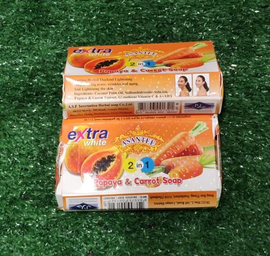 LOT OF 2 Asantee Papaya & Carrot Thailand Herbal Lightening 2 In 1 Soap Extra Wh