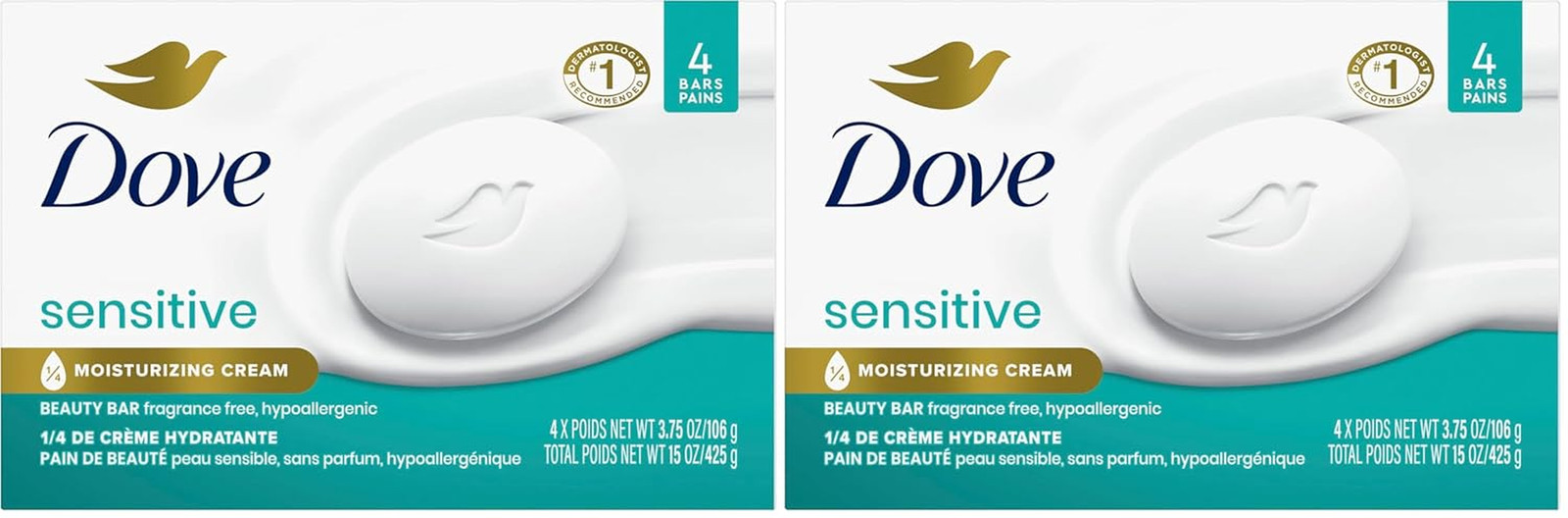 Dove Sensitive Skin Beauty Bar, Fragrance-Free, 8 Bars, 3.75 Oz Each