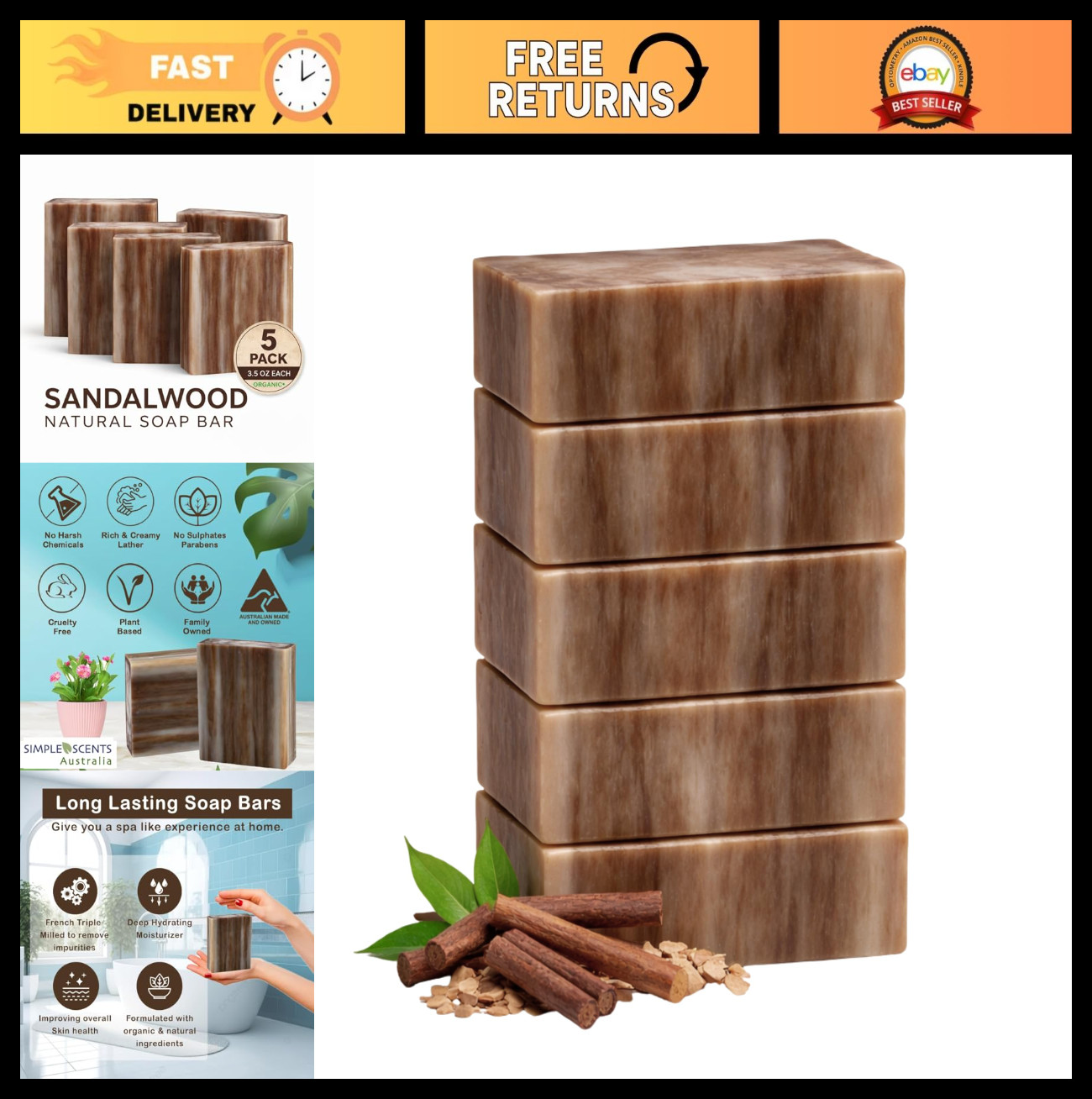 Natural Sandalwood Scented Soap 5 Pack – Triple Milled Moisturizing Bars, Organi