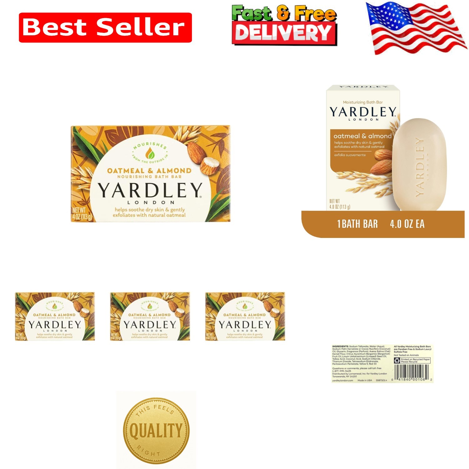 Luxury Oatmeal & Almond Bar Soap – 4 Pack, 4 Ounces Each – Moisturizing Essence