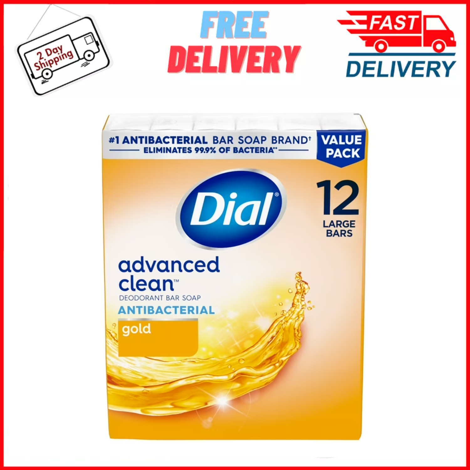 Dial Antibacterial Deodorant Bar Soap, Advanced Clean, Gold, 4 oz, 12 Bars