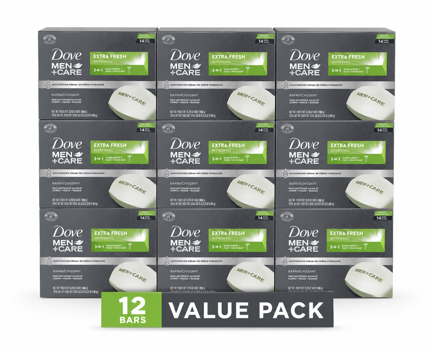 Pack of 12 -DOVE MEN + CARE Bar 3 in 1-14 bars Cleanser & Body Face a 3.75 oz