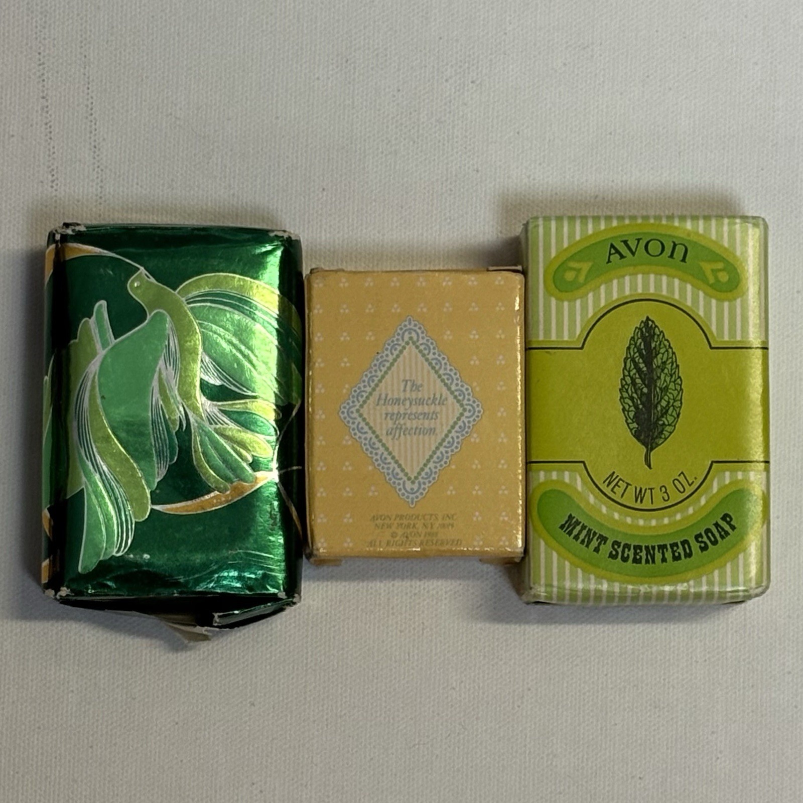 Three Vtg Small Avon Soaps 3 oz. Mint, 1 oz. Honeysuckle, 3 oz. Field Flowers