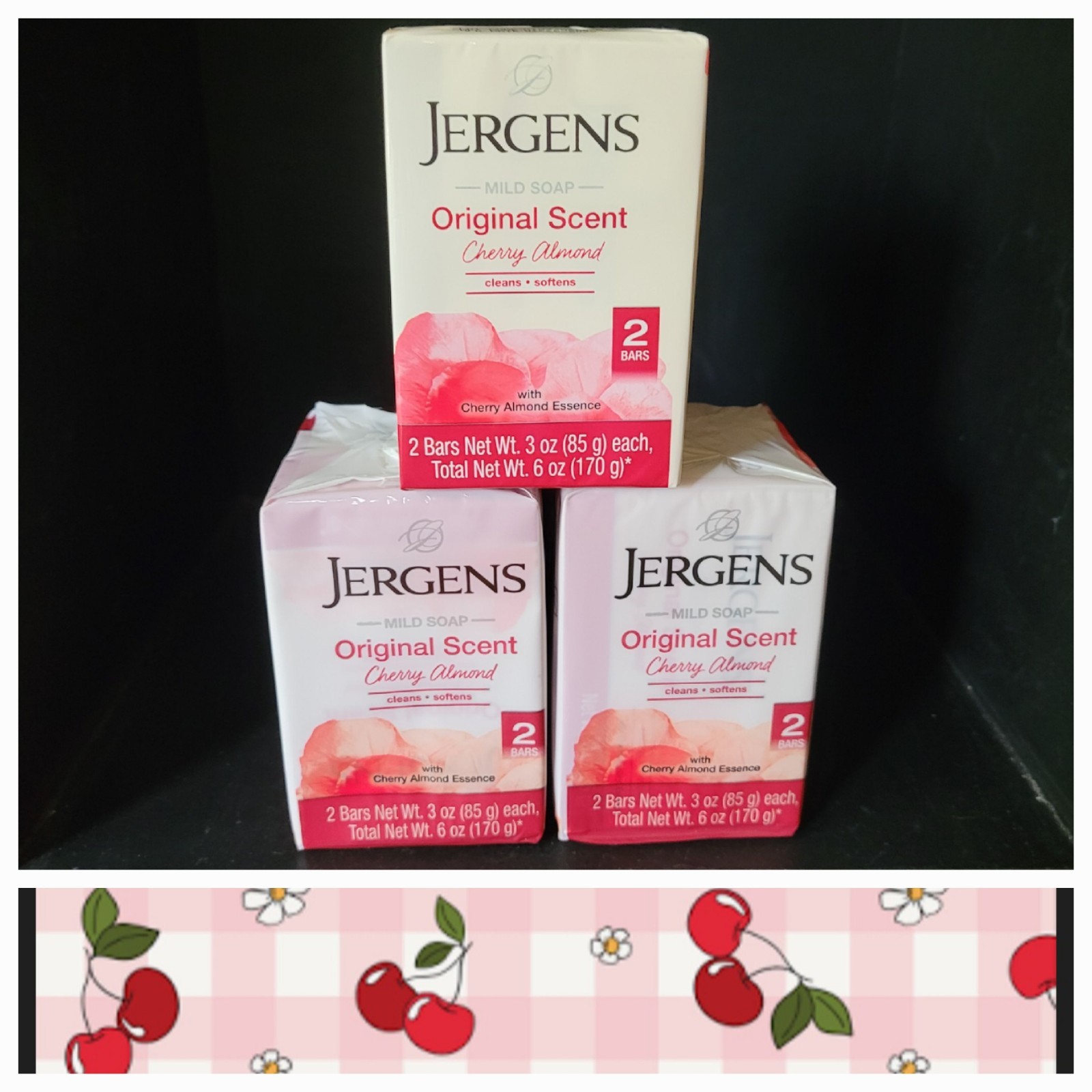 3 Packs (6 Bars Total) Jergens Cherry Almond Mild Soap Original Scent