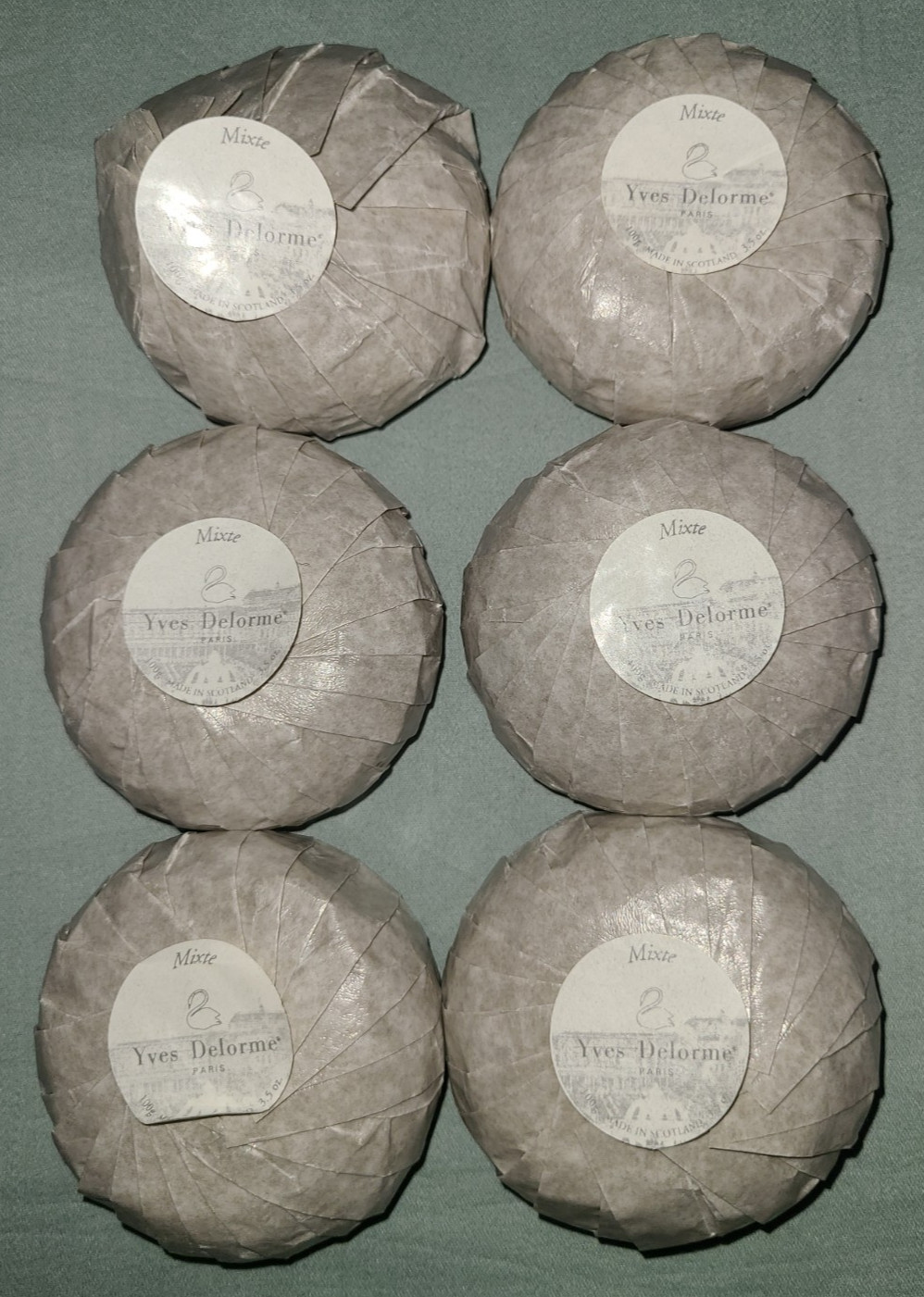 NOS Lot of 6 Yves Delorme round 100g soap bars, Mixte scent – made in Scotland