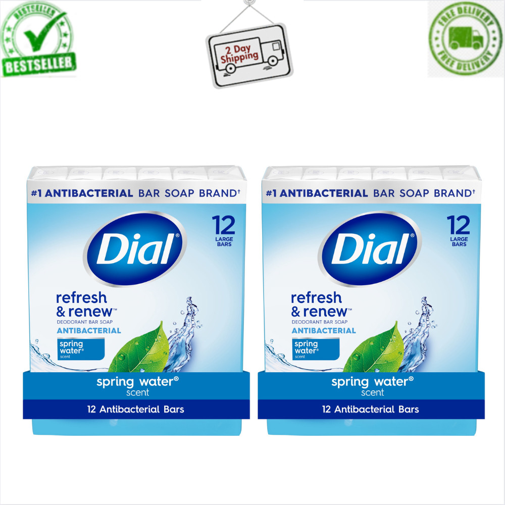 (2 Pack) Dial Antibacterial Bar Soap Spring Water 4 oz, 12Count, Refresh & Renew