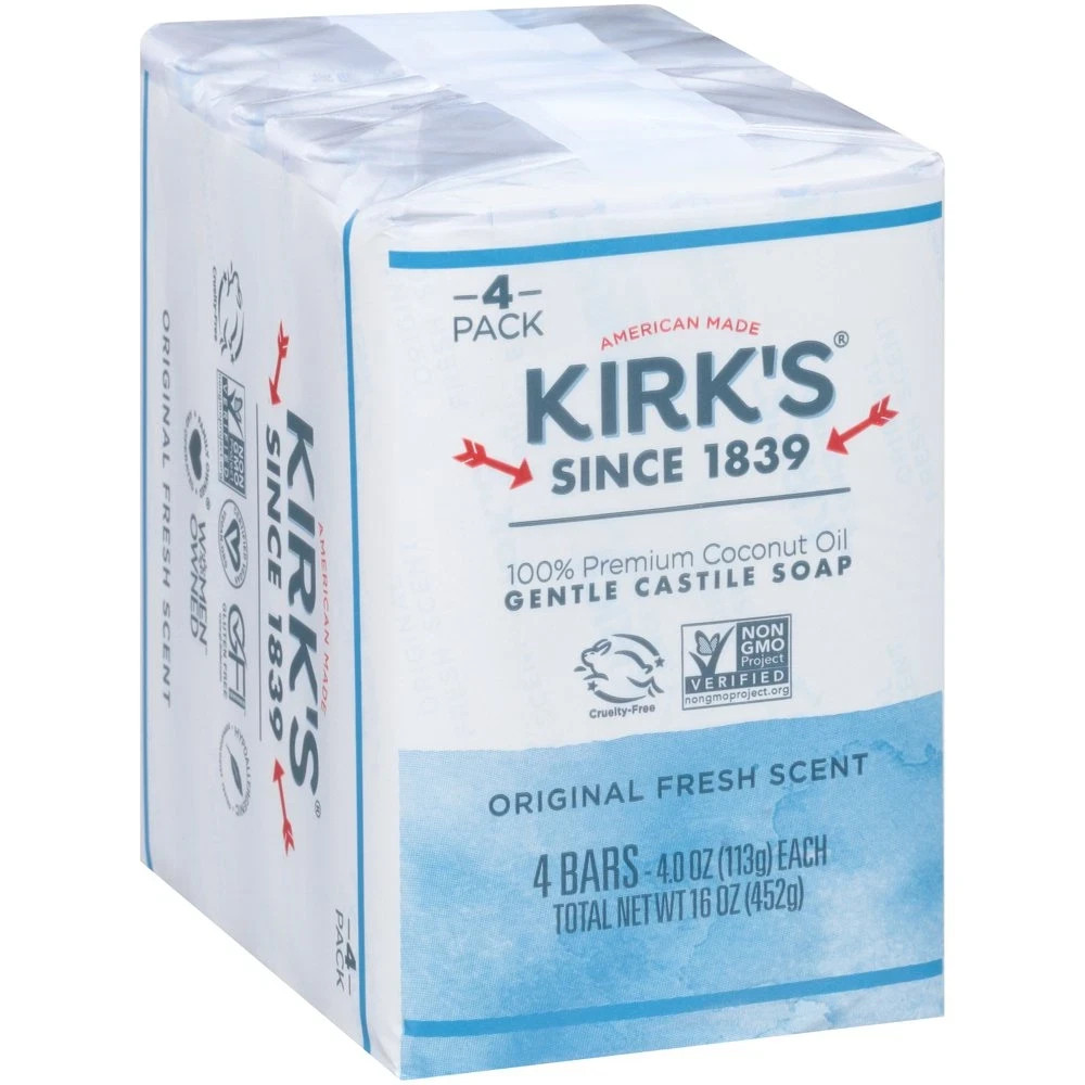 Kirk’s Castile Bar Soap – Made With Premium Coconut Oil, 4 oz. Bars, 4 Pack
